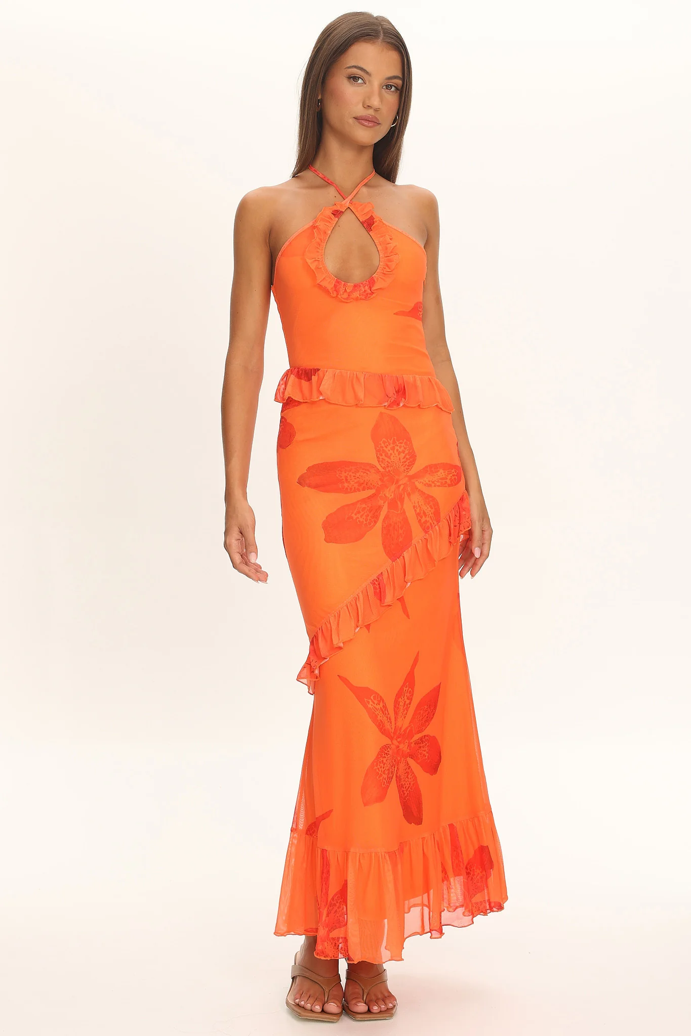 Clemence Mesh Overlay Frill Trim Maxi Dress Floral Orange - Image 5