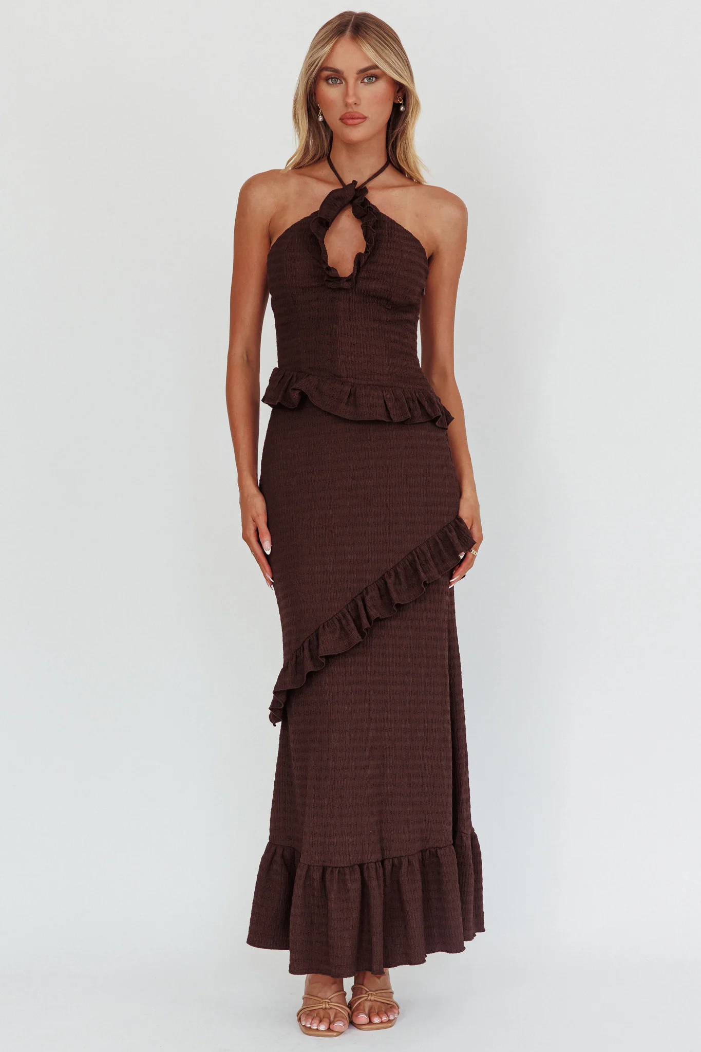 Clemence Smocked Frill Trim Maxi Dress Chocolate - Image 4