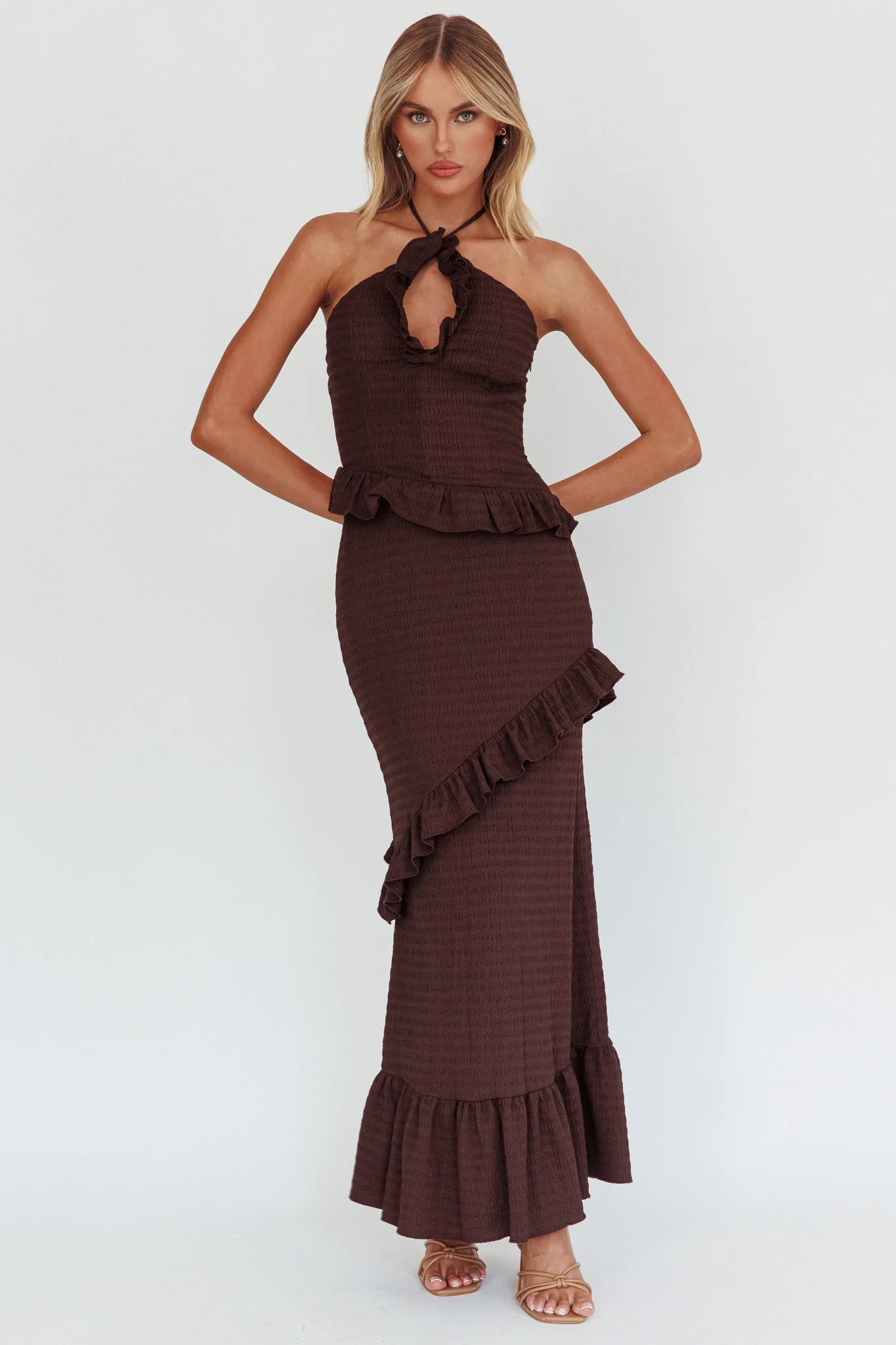 Clemence Smocked Frill Trim Maxi Dress Chocolate - Image 5