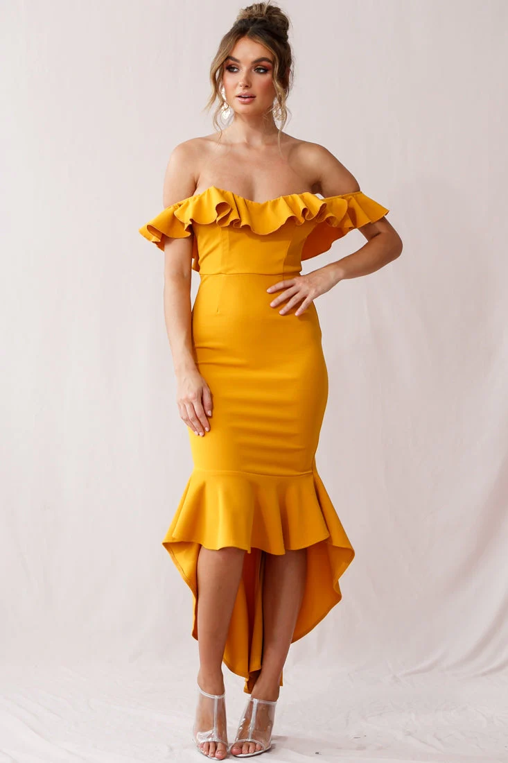 Cloud 9 Bardot Neckline Corset Back Dress Mustard - Image 2