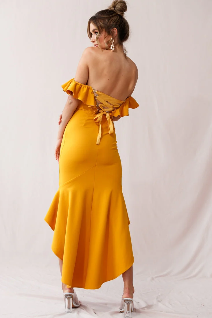 Cloud 9 Bardot Neckline Corset Back Dress Mustard - Image 3