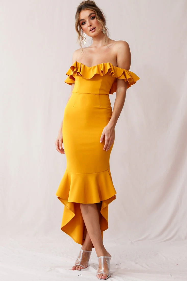 Cloud 9 Bardot Neckline Corset Back Dress Mustard - Image 5