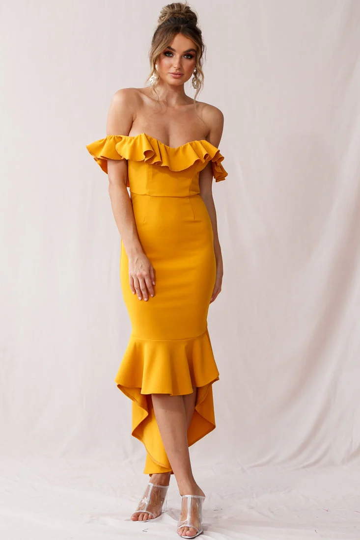 Cloud 9 Bardot Neckline Corset Back Dress Mustard - Image 6