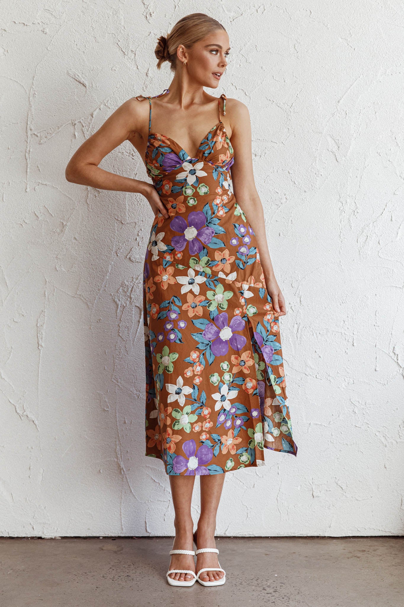 Clovelly Tied Shoulder Midi Dress Flower Terracotta - Image 3