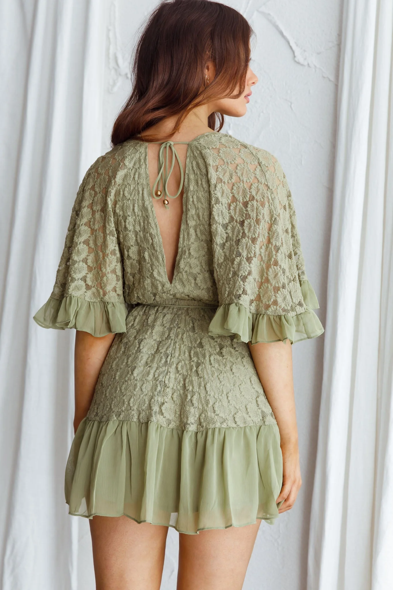 Clover Embroidered Surplice Neckline Dress Avocado - Image 2
