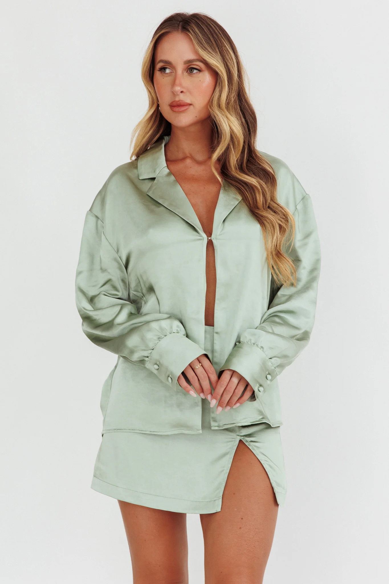 Coco Long Sleeve Satin Shirt Sage - Image 5