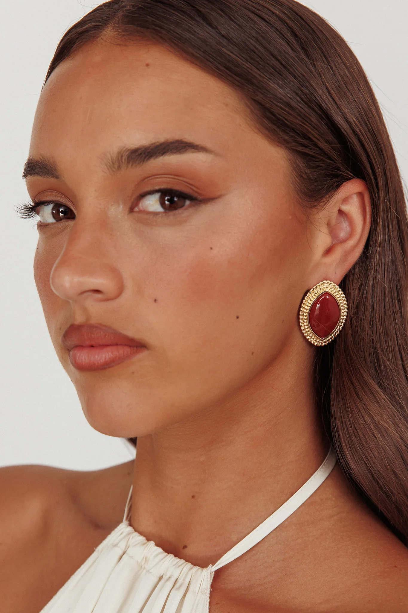 Coco Marquise Cabochon Earrings Gold Burgundy - Image 2