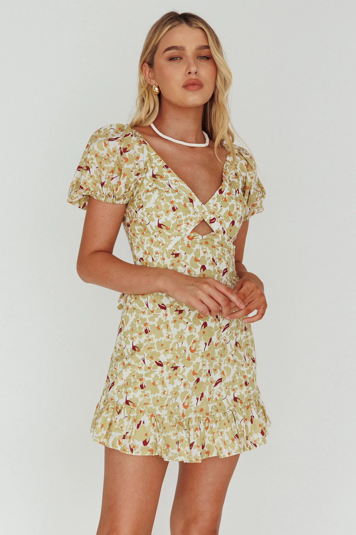 Connie Puff Sleeve Mini Dress Floral Olive - Image 5