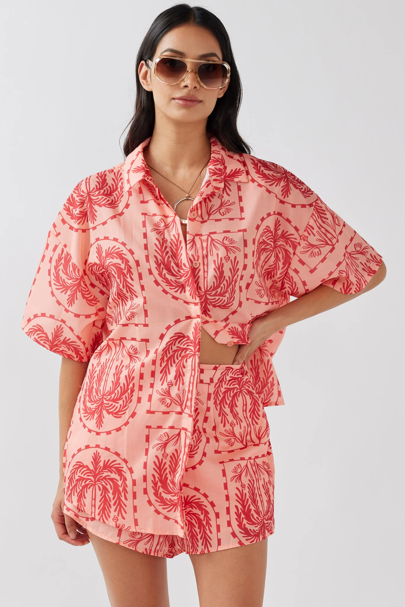 Cora Elastic Waist Shorts Print Red Salmon - Image 5
