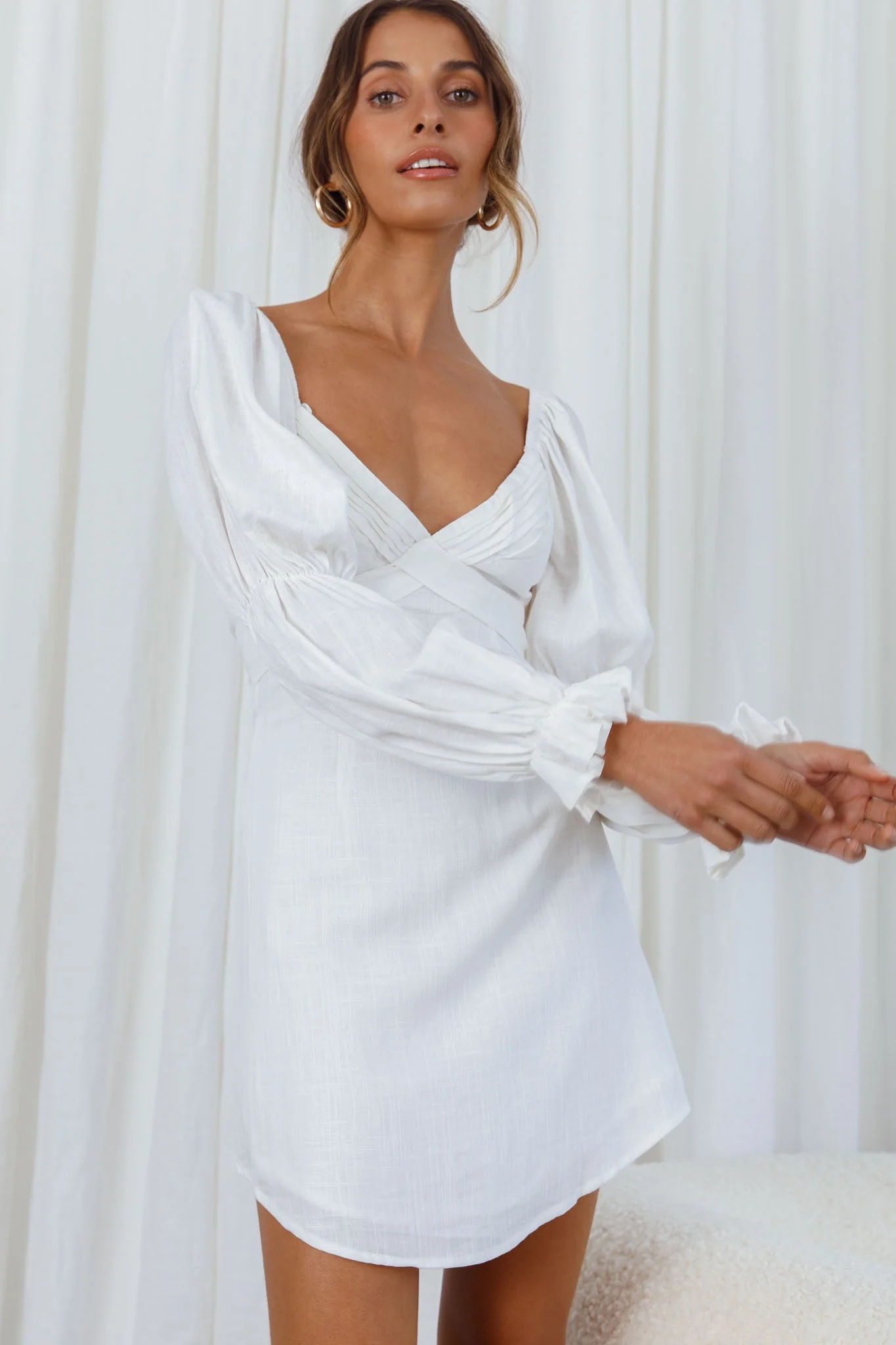 Corina Pleated Bust Long Sleeve V-Back Dress White - Image 6