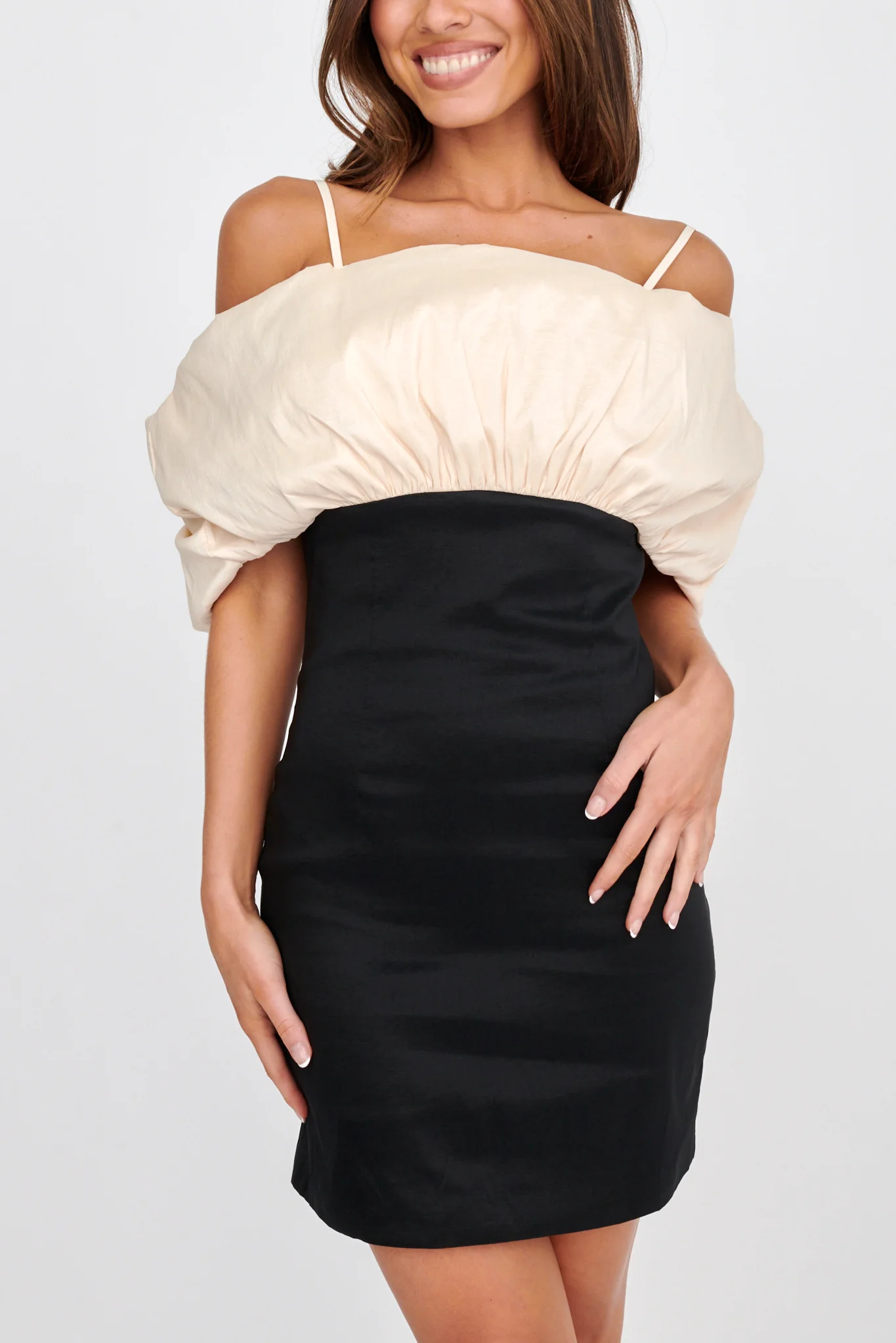 Cosima Puffed Neckline Mini Dress Black/Champagne - Image 4