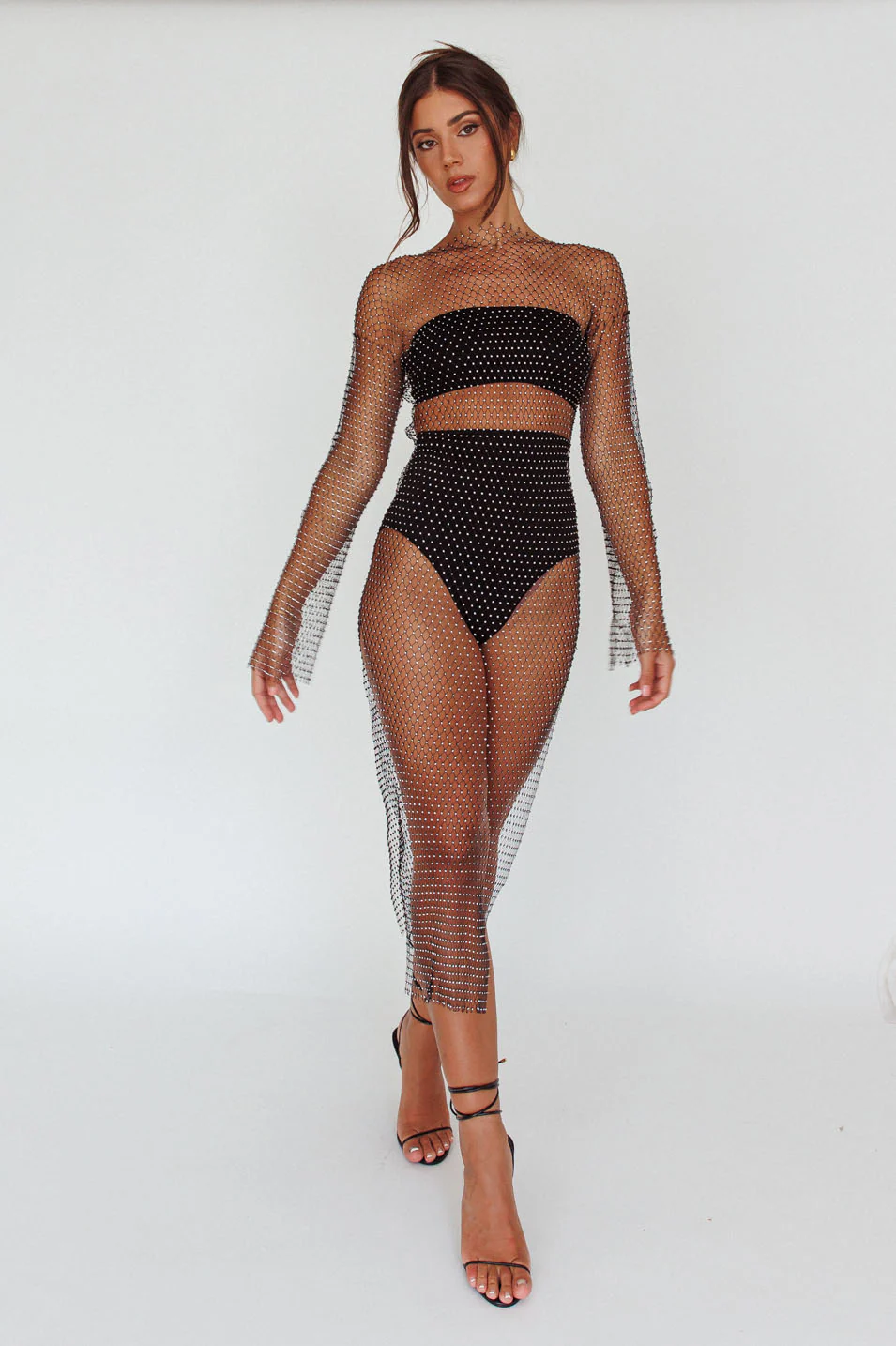 Cosmic Girl Diamante Net Midi Dress Black - Image 5