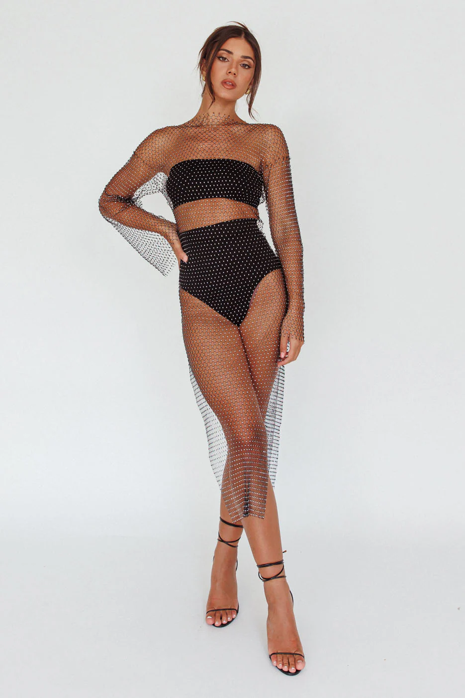 Cosmic Girl Diamante Net Midi Dress Black - Image 7