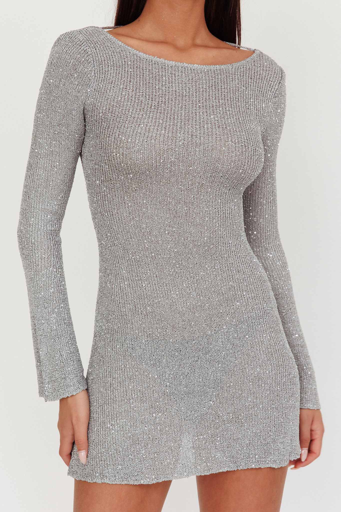 Cosmic Scoop Back Sequin Knit Mini Dress Silver - Image 3
