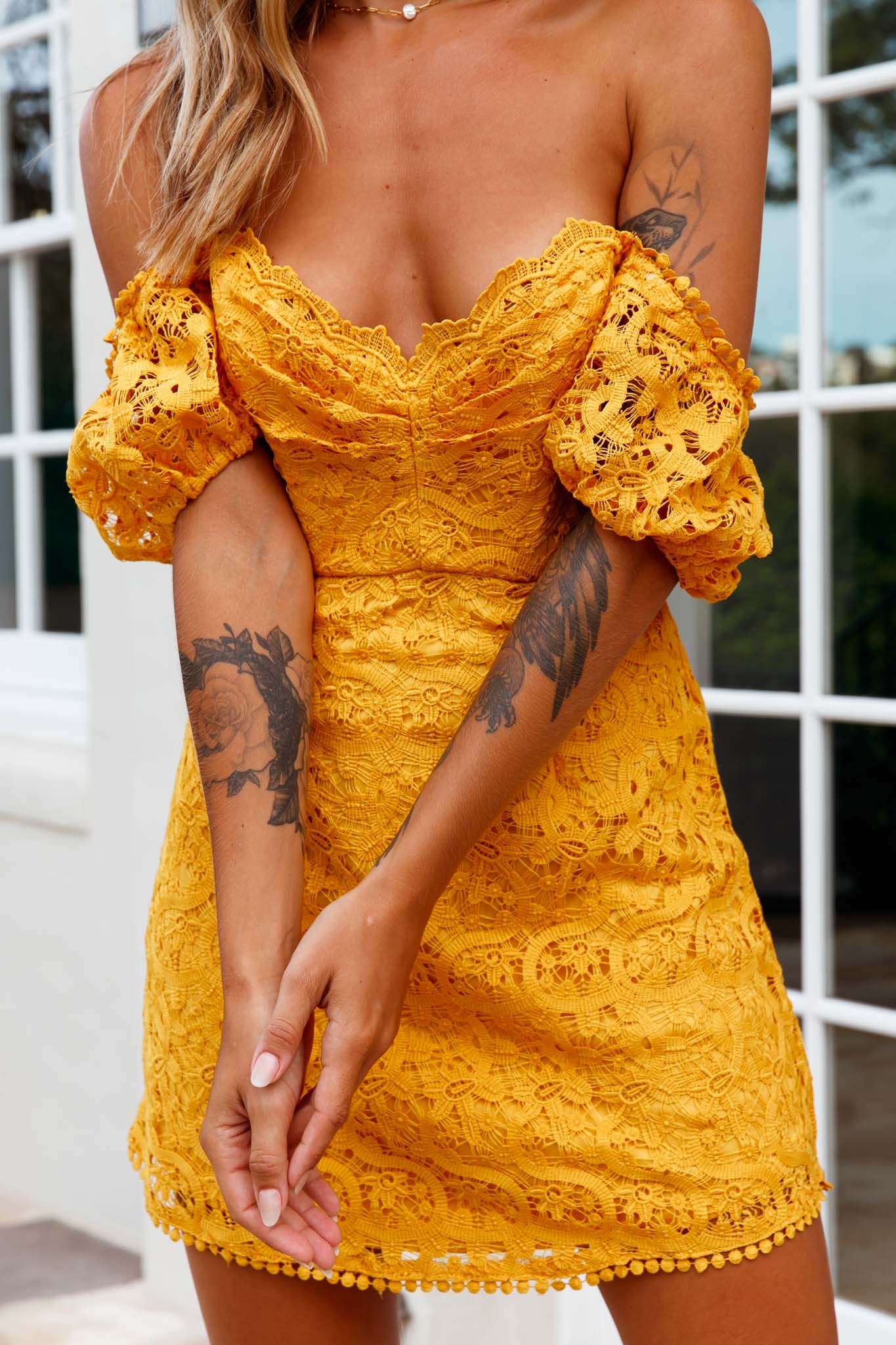 Costa Mesa Puff Sleeve Lace Overlay Dress Yellow - Image 4