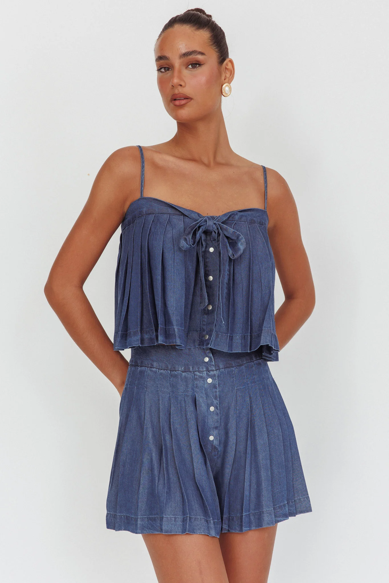 Country Girl Pleated High Waist Shorts Dark Denim - Image 5