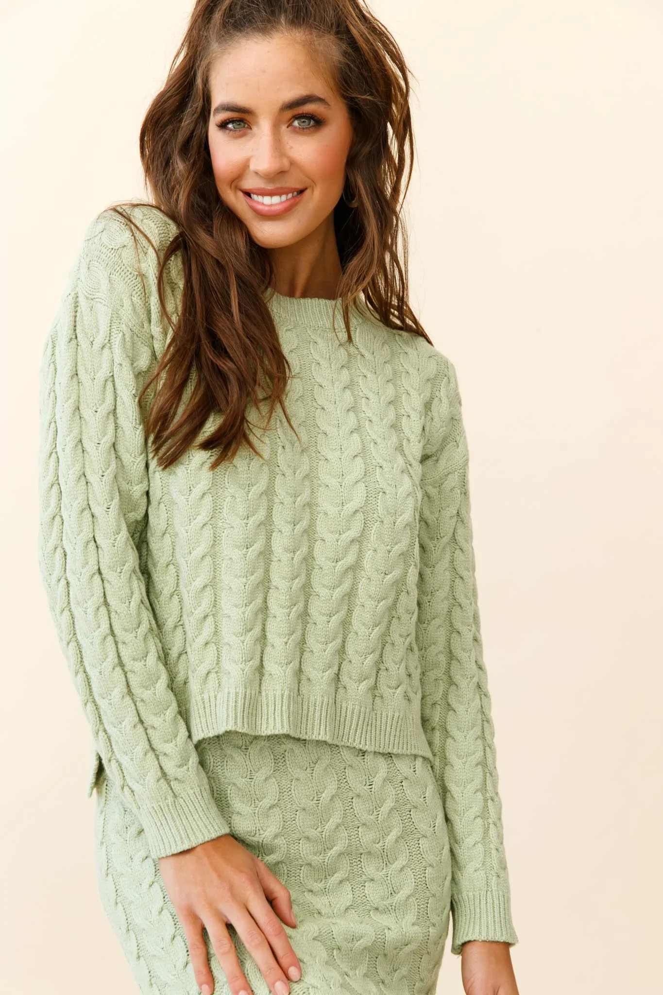 Cozy Up Cable Knit Sweater Green - Image 6