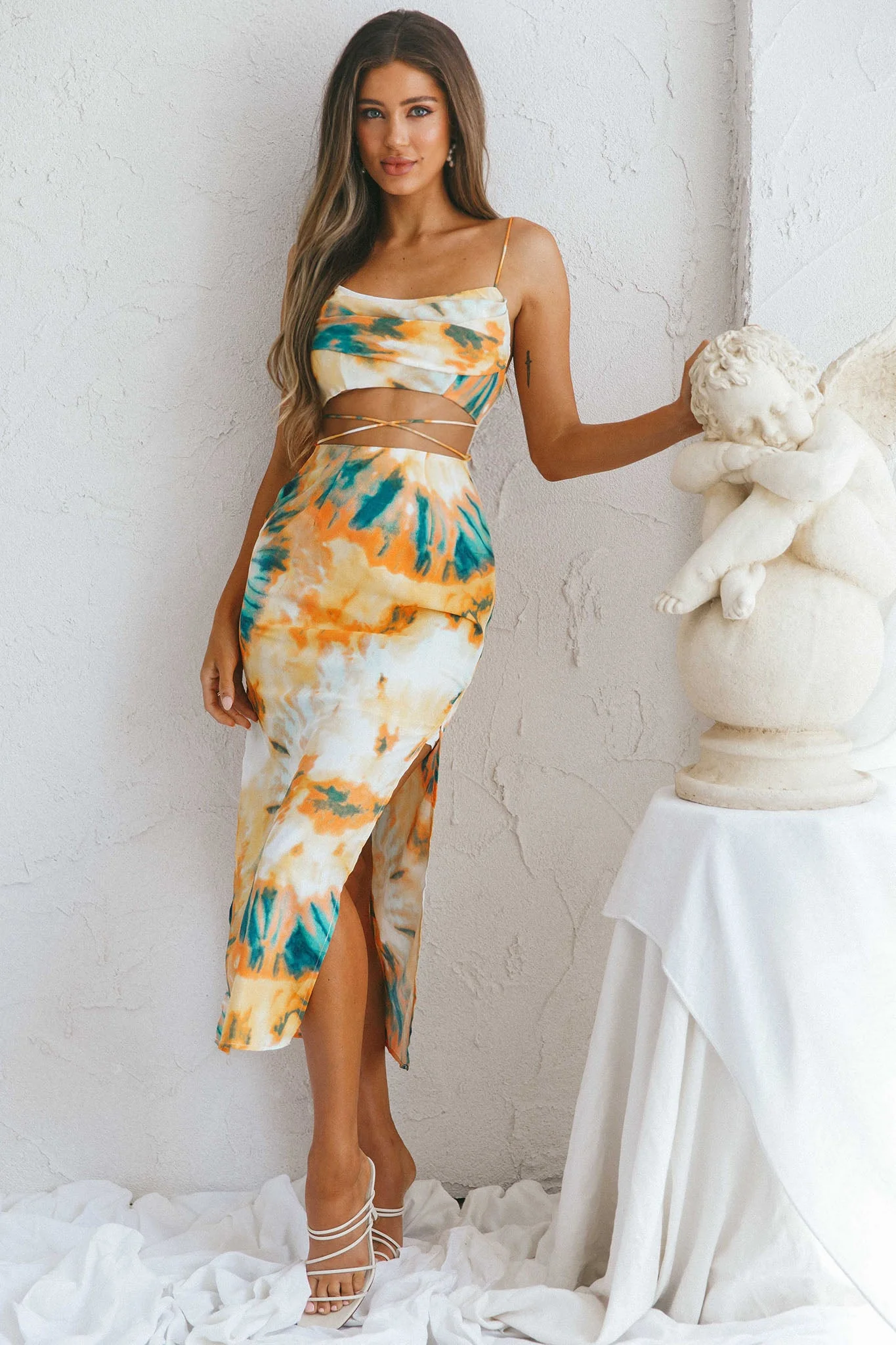 Crazy In Love Cowl Neck Cut-Out Waist Midi Dress Tie-Dye Yellow - Image 6