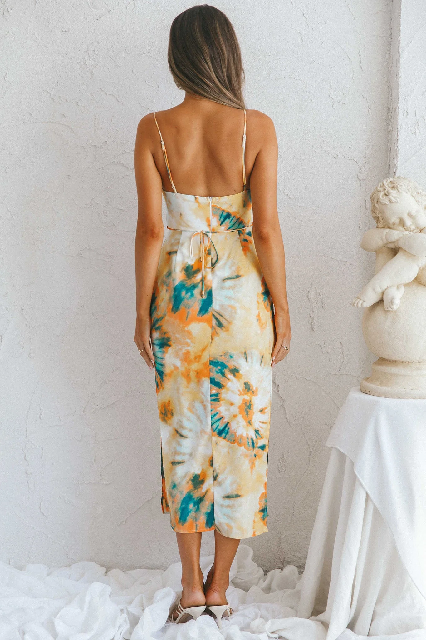 Crazy In Love Cowl Neck Cut-Out Waist Midi Dress Tie-Dye Yellow - Image 7