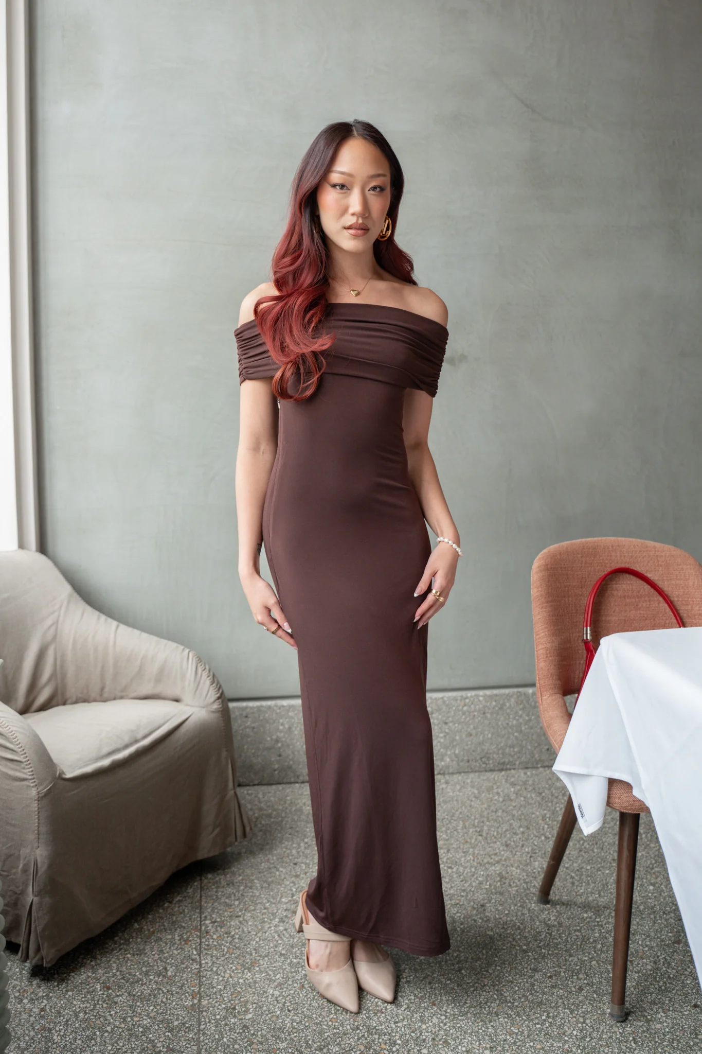 Cruising Sunset Off Shoulder Dress Chocolate - Image 2