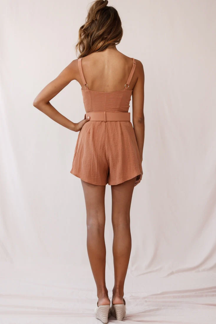 Crystal Tied Knot Belt Romper Tan - Image 3