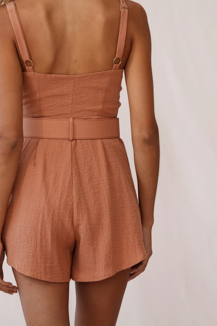 Crystal Tied Knot Belt Romper Tan - Image 4