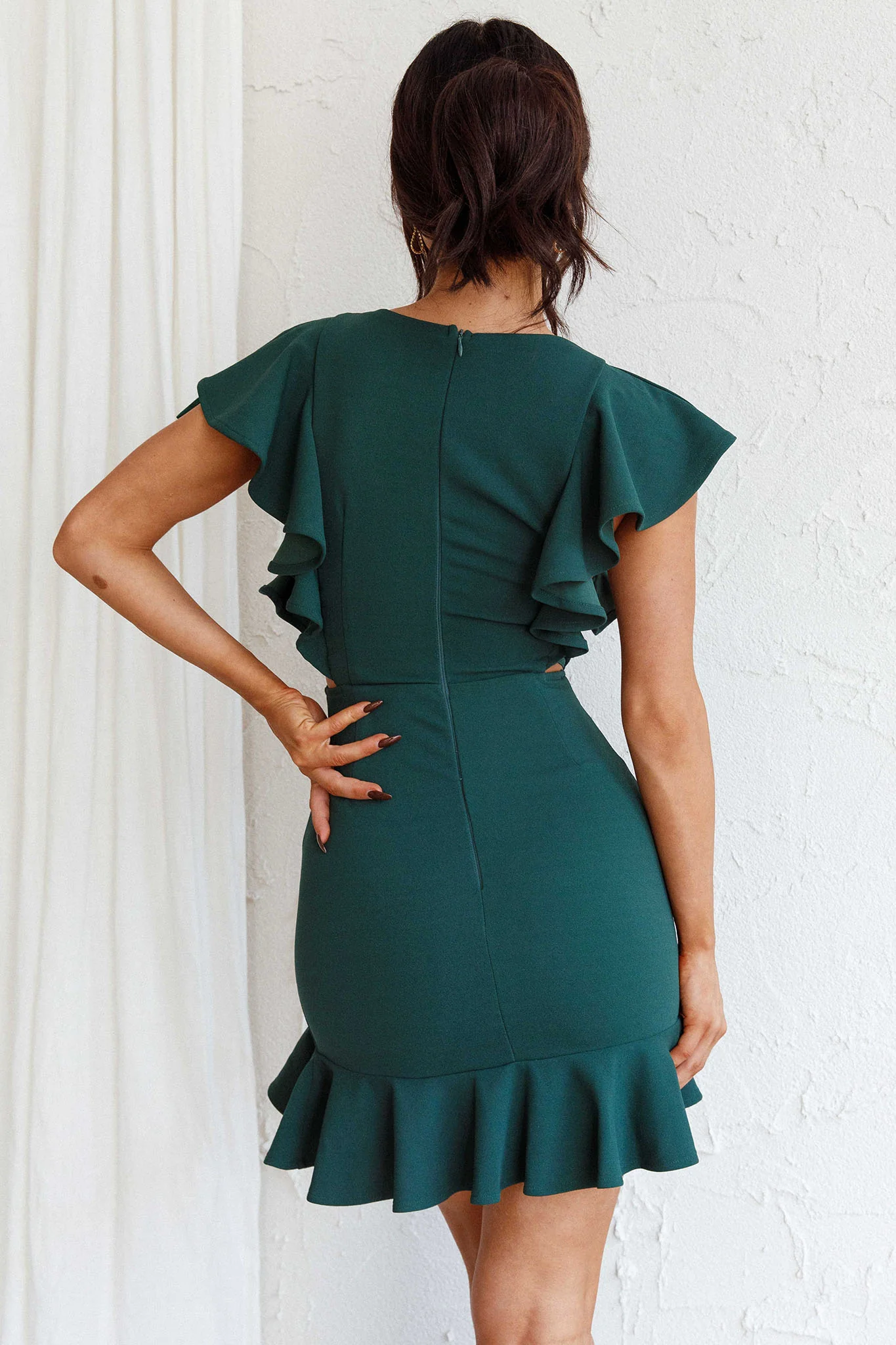 Cupid's Bow Ruffle Shoulder Bodycon Dress Forest Green - Image 2
