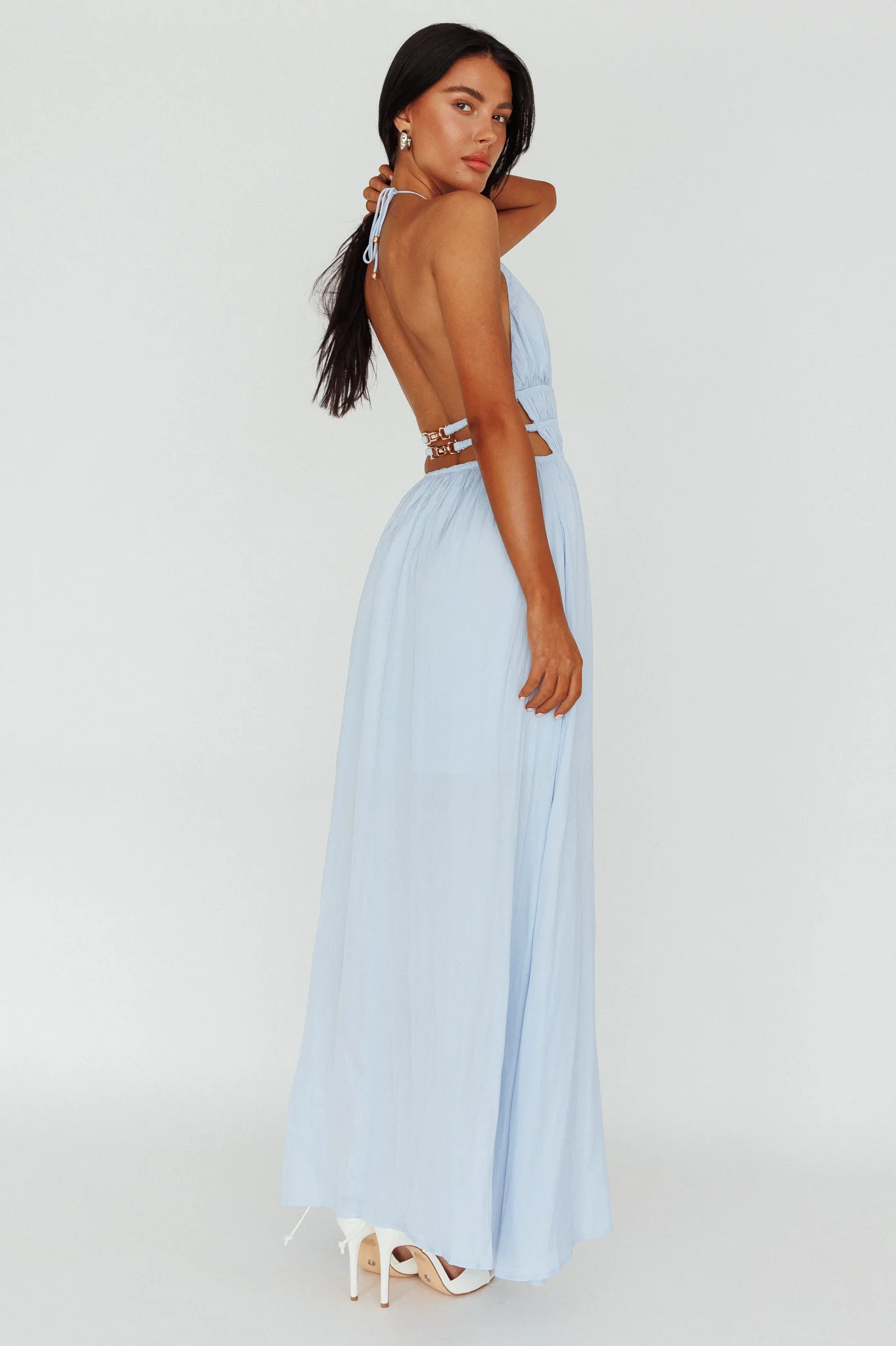 Cyndi Open Back Halterneck Maxi Dress Blue - Image 2