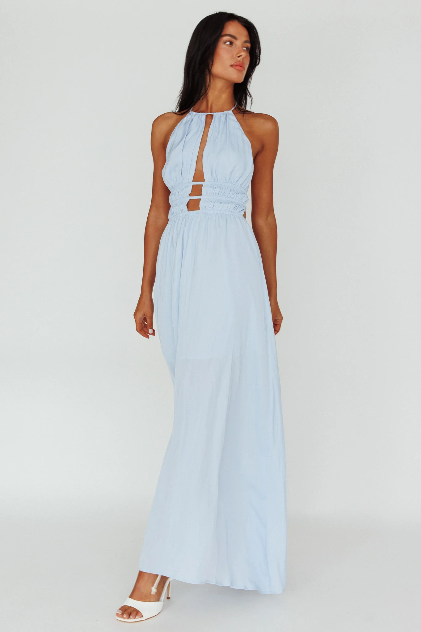 Cyndi Open Back Halterneck Maxi Dress Blue - Image 3