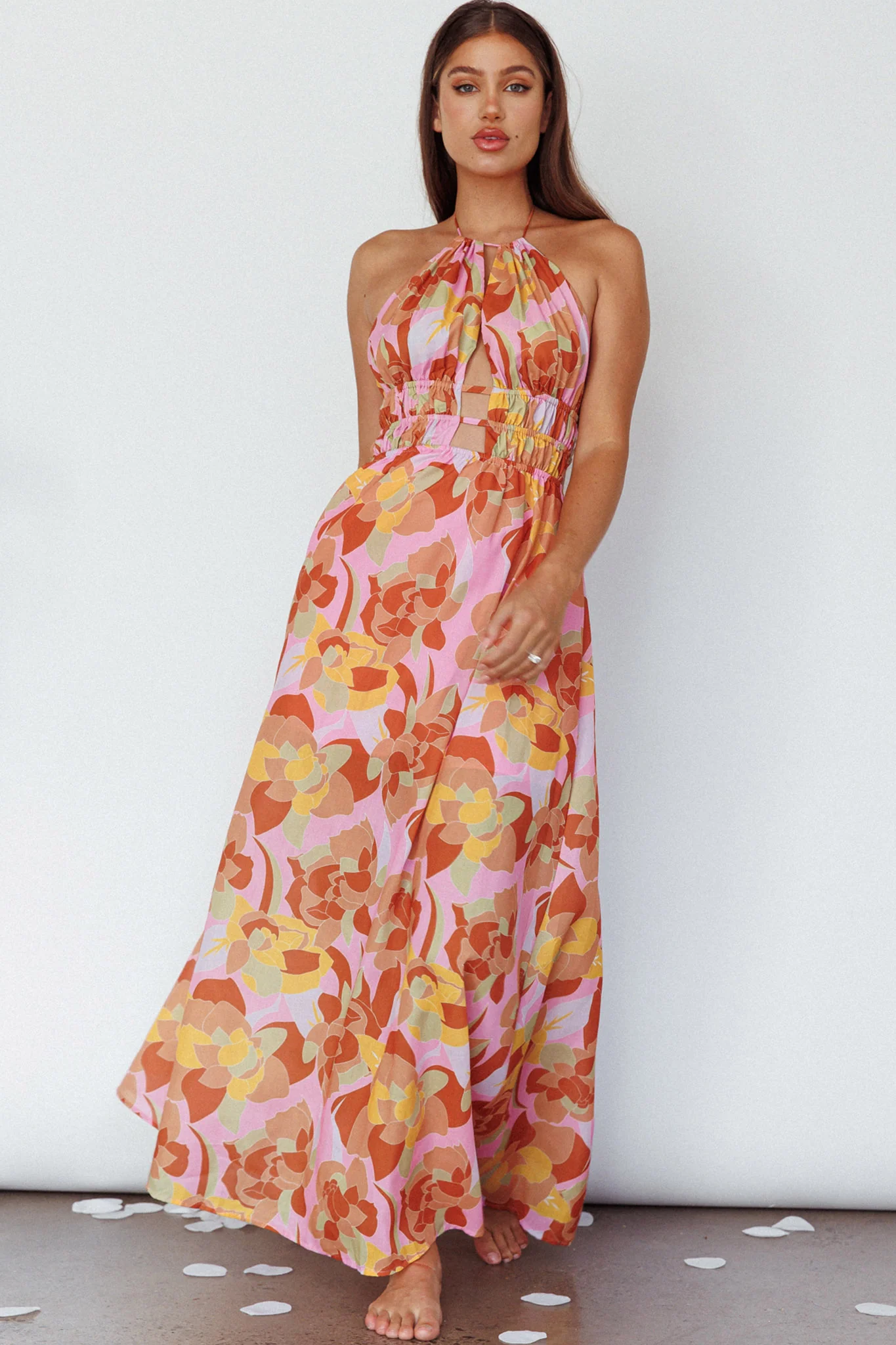 Cyndi Open Back Halterneck Maxi Dress Pink Multi - Image 2