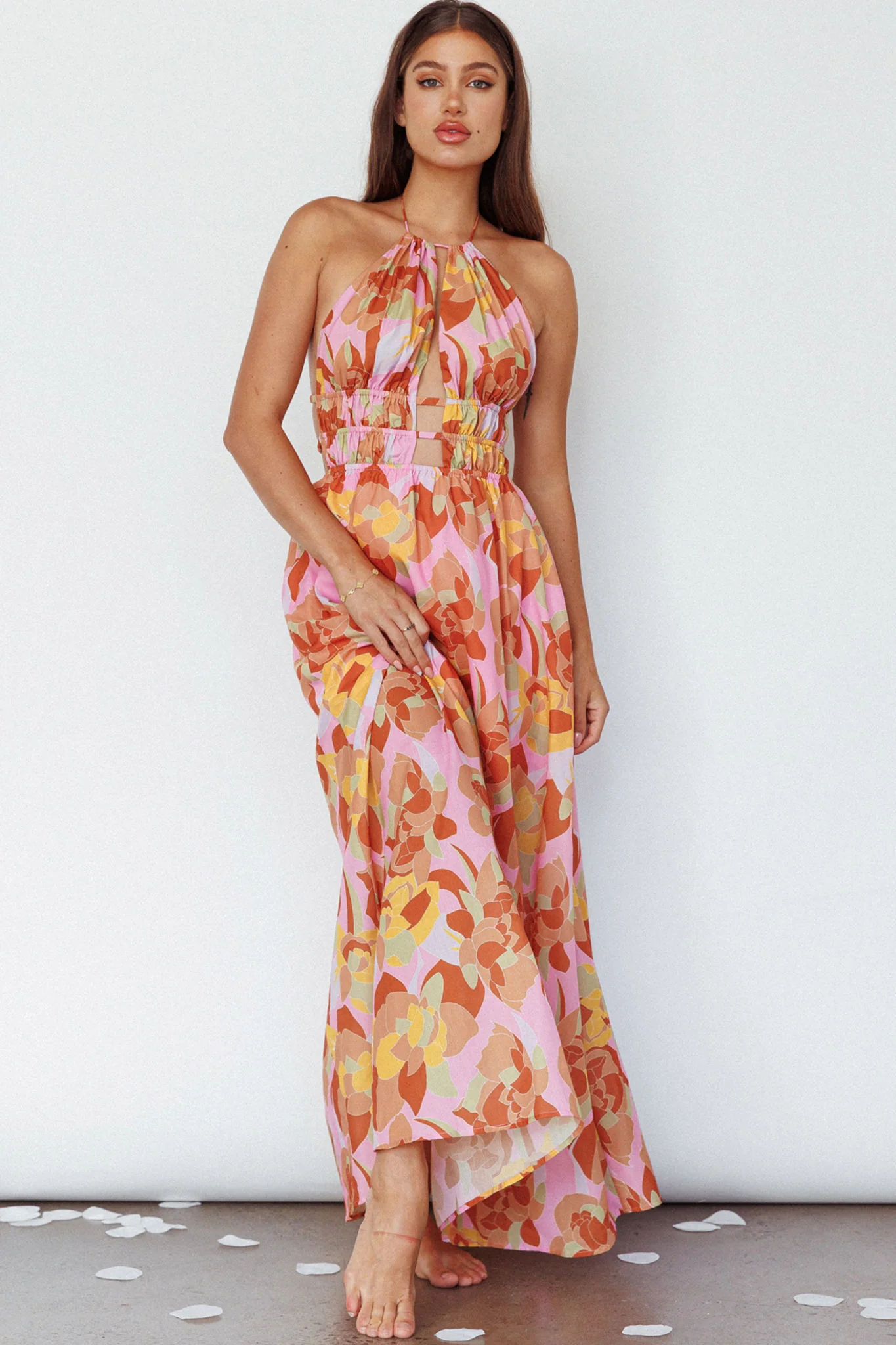 Cyndi Open Back Halterneck Maxi Dress Pink Multi - Image 3
