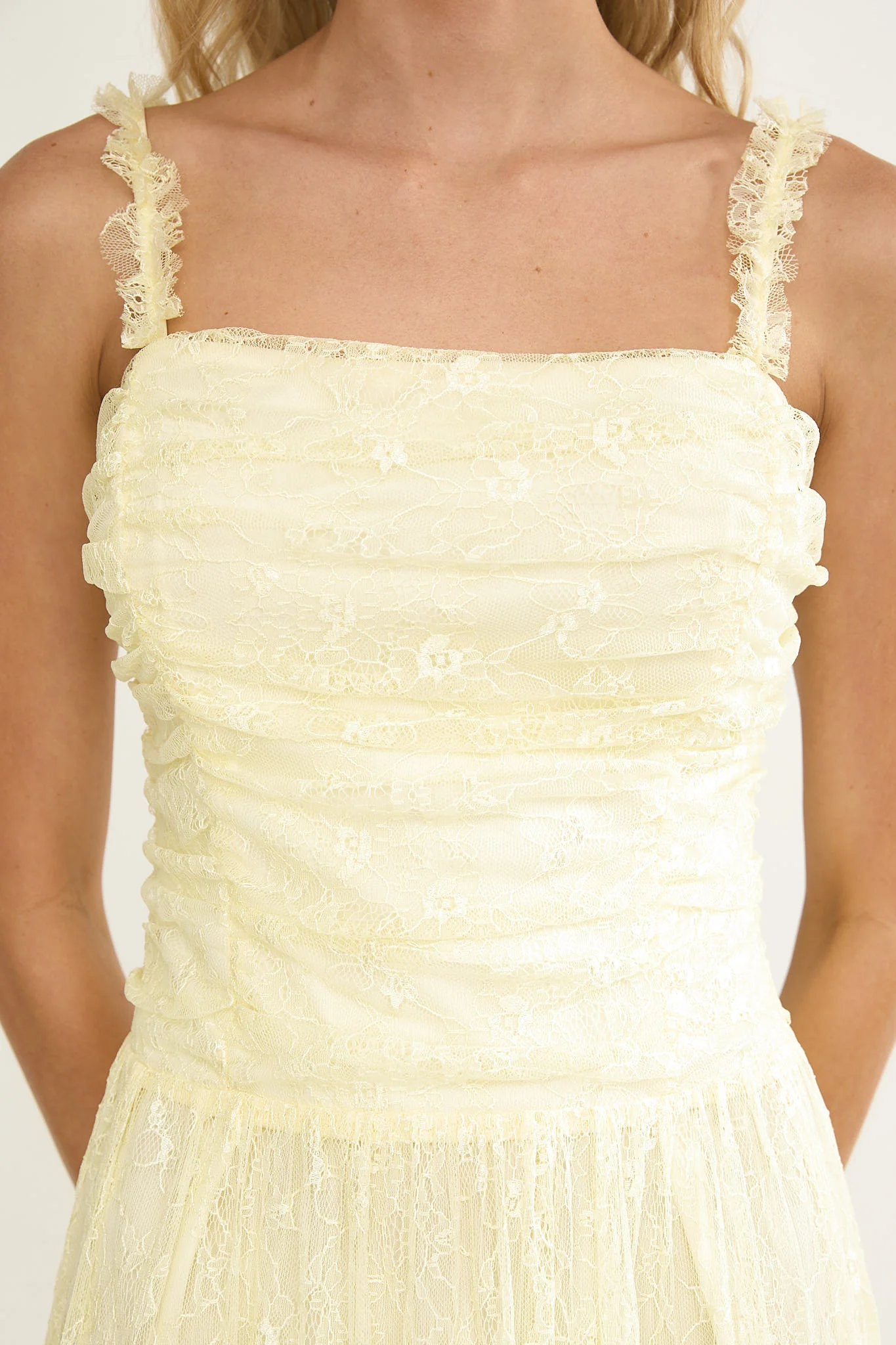 Dahlin Frill Strap Lace Overlay Maxi Dress Butter - Image 3