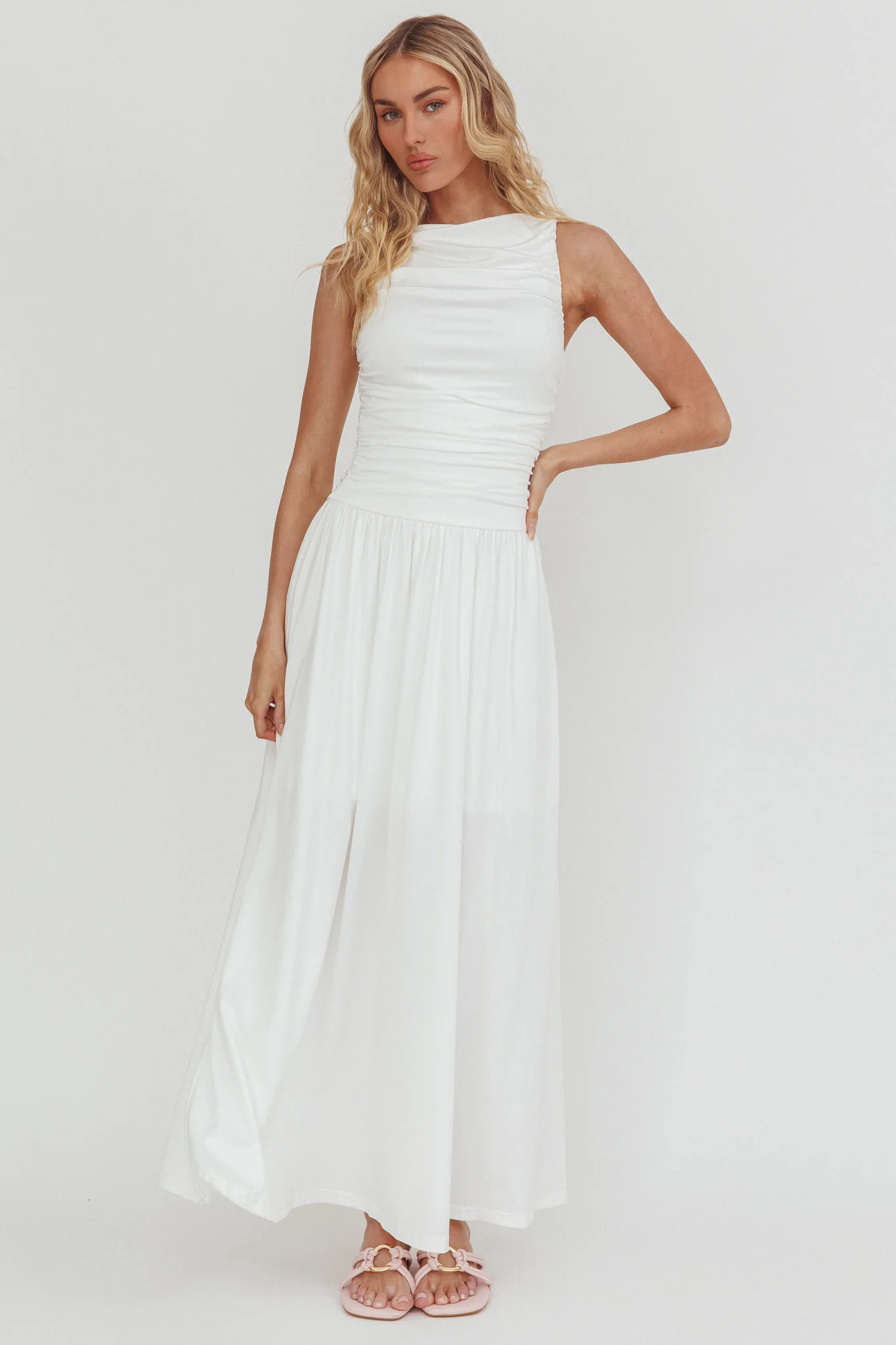 Dalayla Sleeveless Ruched Maxi Dress White - Image 4