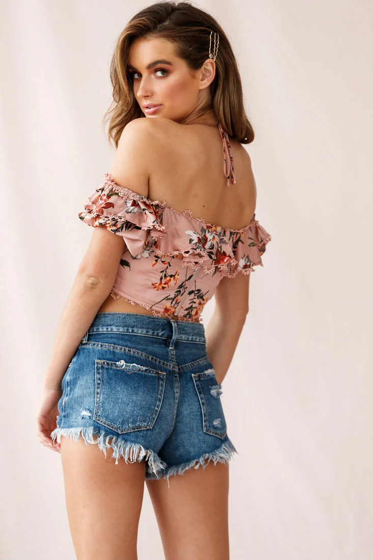Dallas Halterneck Ruffle Sleeve Crop Top Floral Print Rose - Image 4