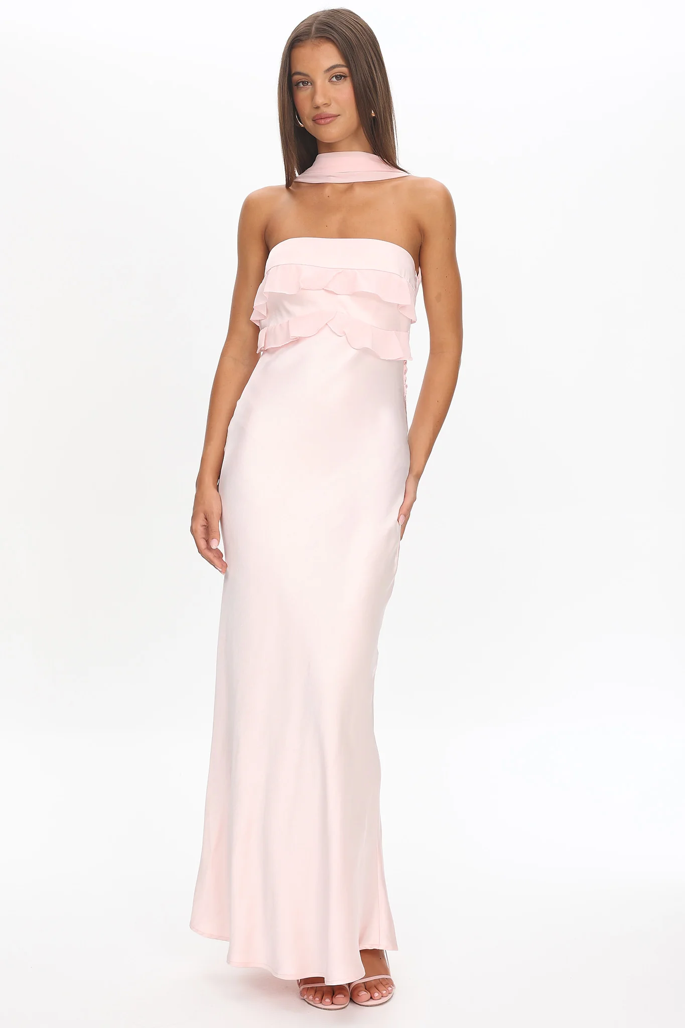 Damsel Reverse Halter Frill Trim Maxi Dress Blush - Image 5