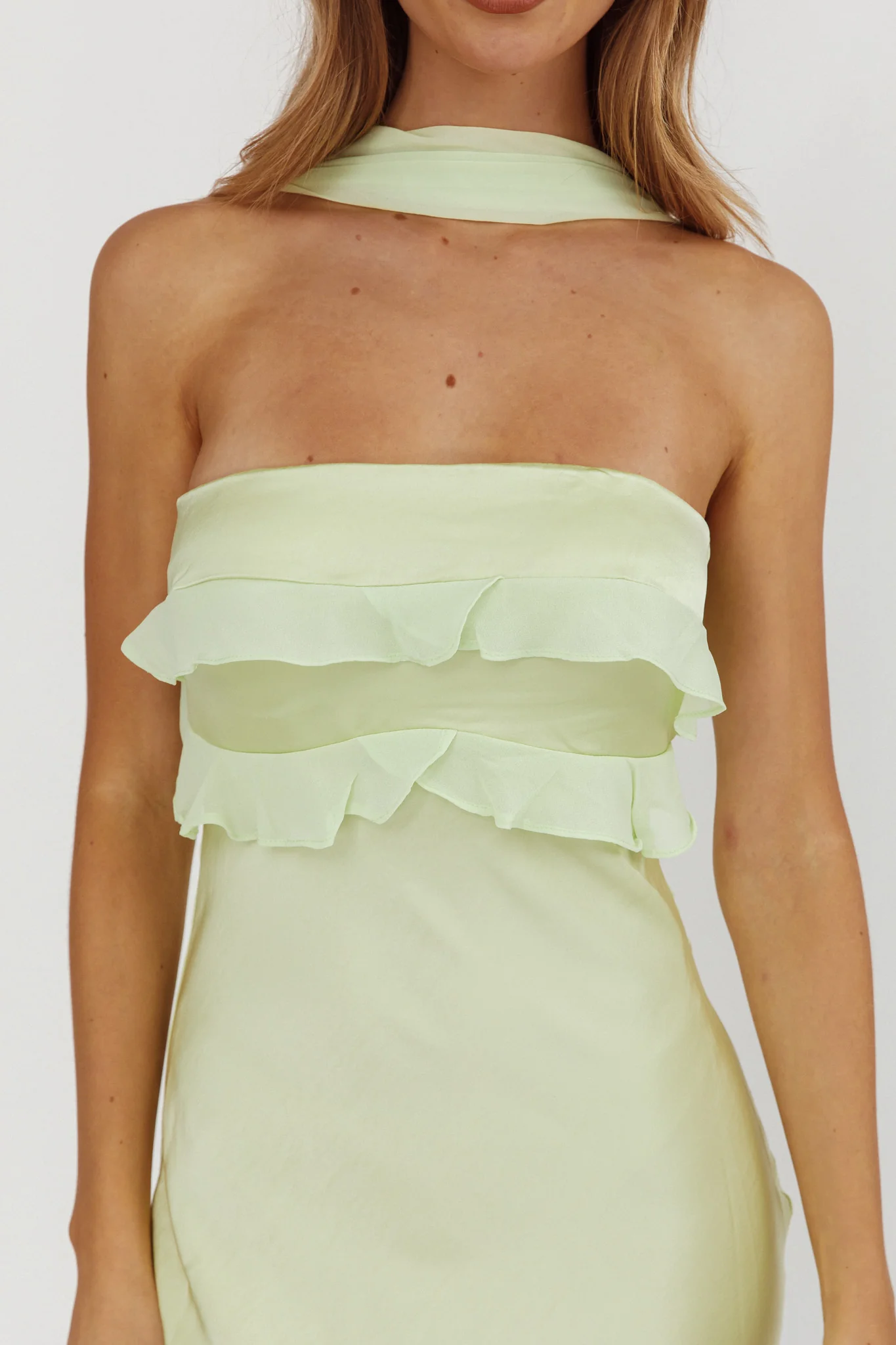 Damsel Reverse Halter Frill Trim Maxi Dress Sage - Image 3