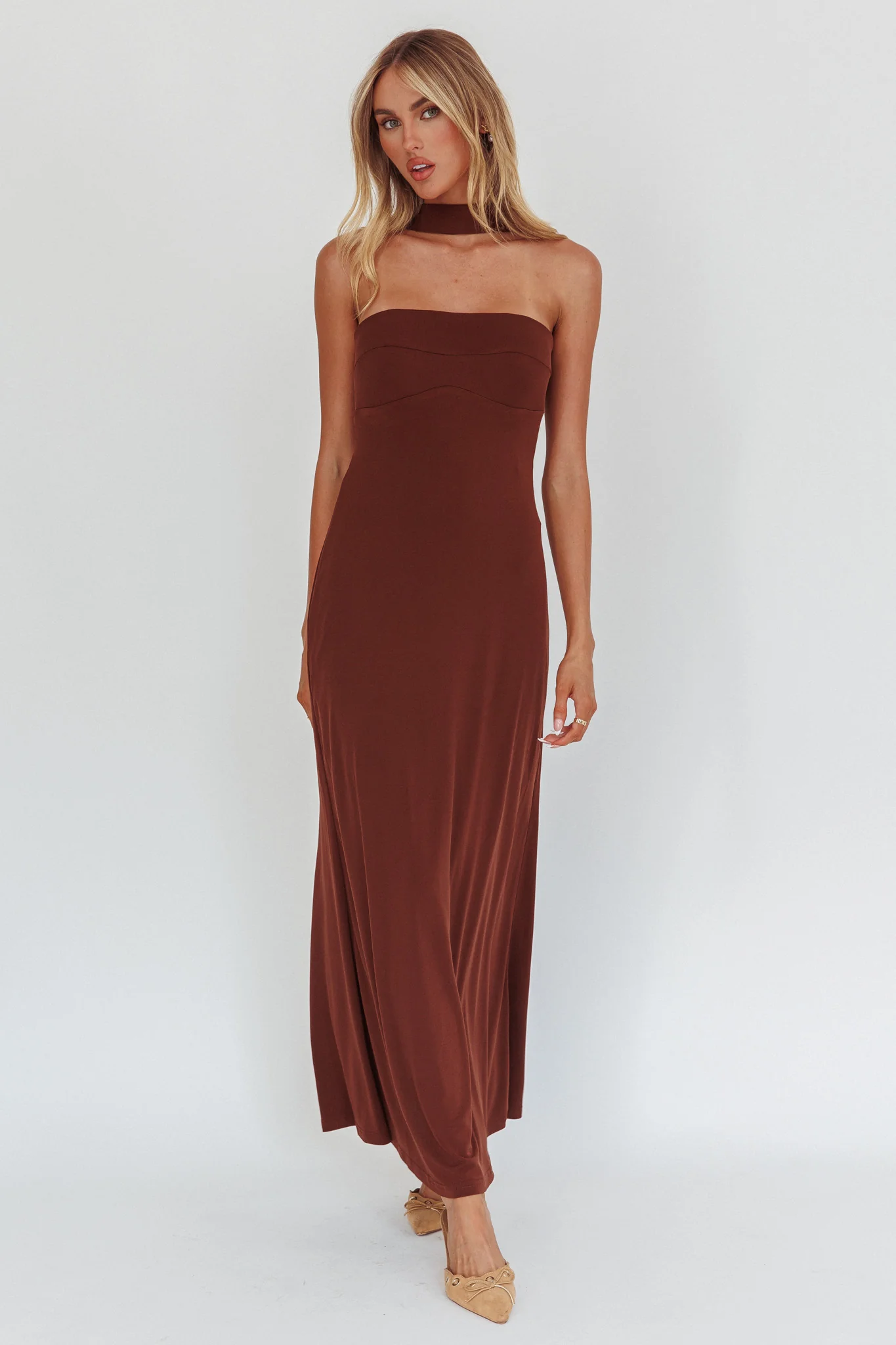 Damsel Reverse Halter Maxi Dress Chocolate - Image 4
