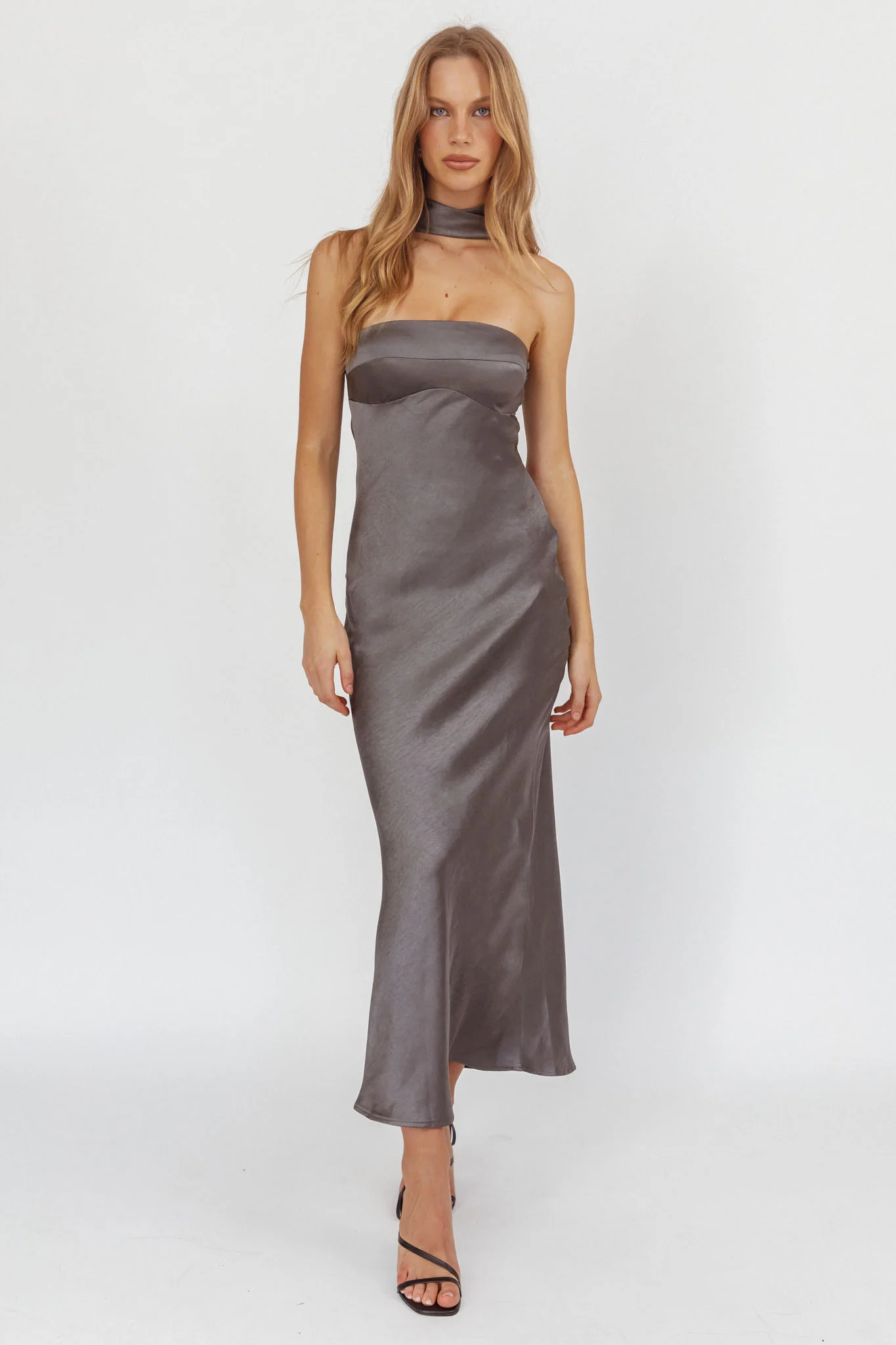 Damsel Reverse Halter Maxi Dress Satin Charcoal