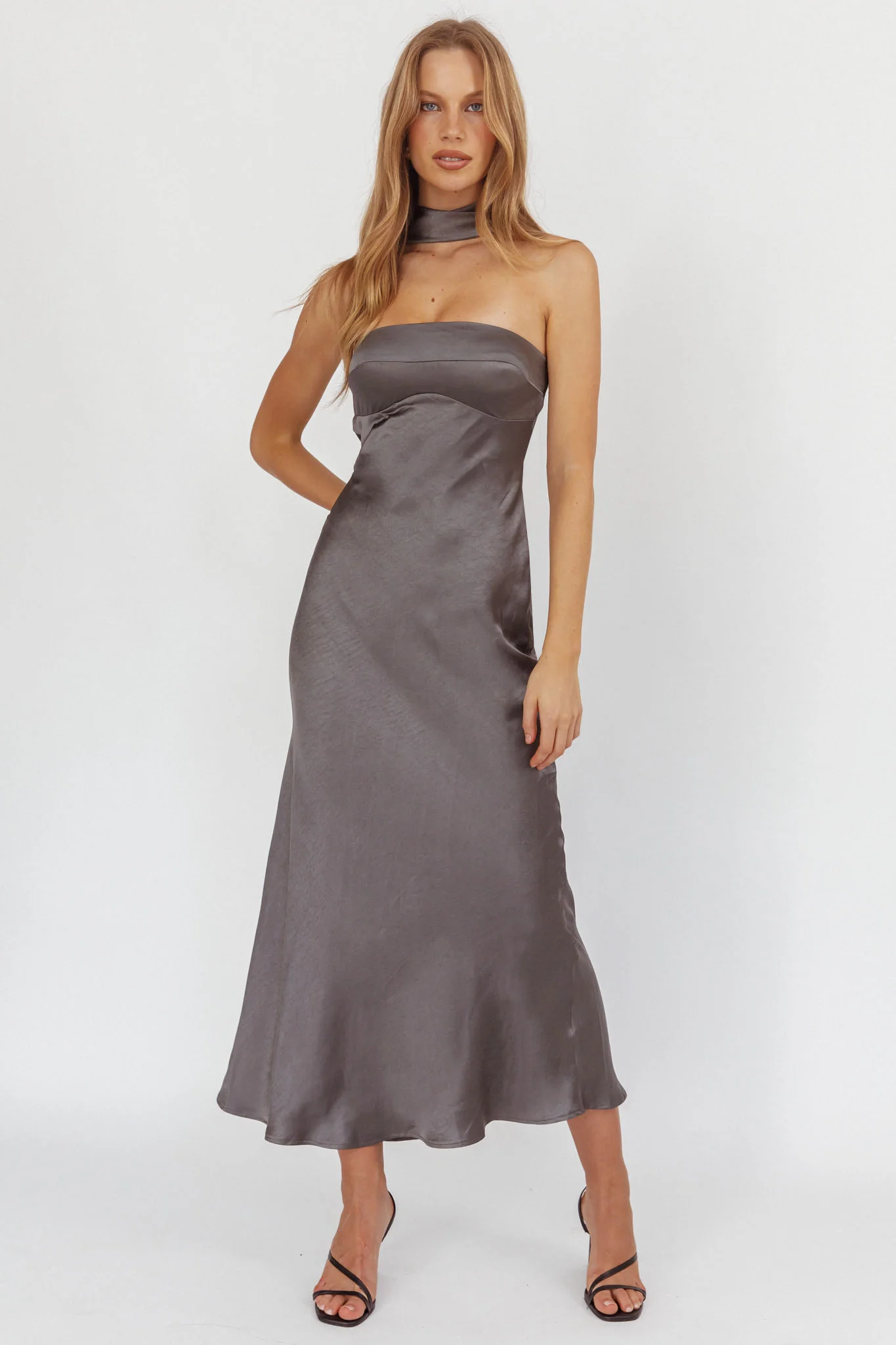 Damsel Reverse Halter Maxi Dress Satin Charcoal - Image 2