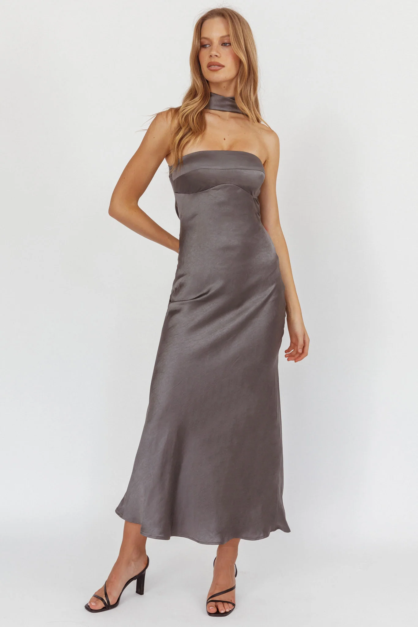 Damsel Reverse Halter Maxi Dress Satin Charcoal - Image 5