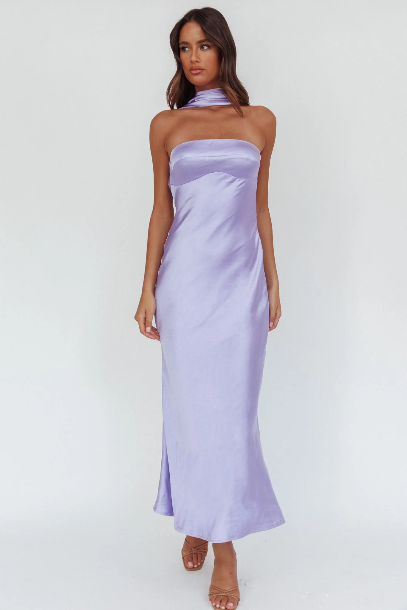 Damsel Reverse Halter Maxi Dress Satin Lilac - Image 4