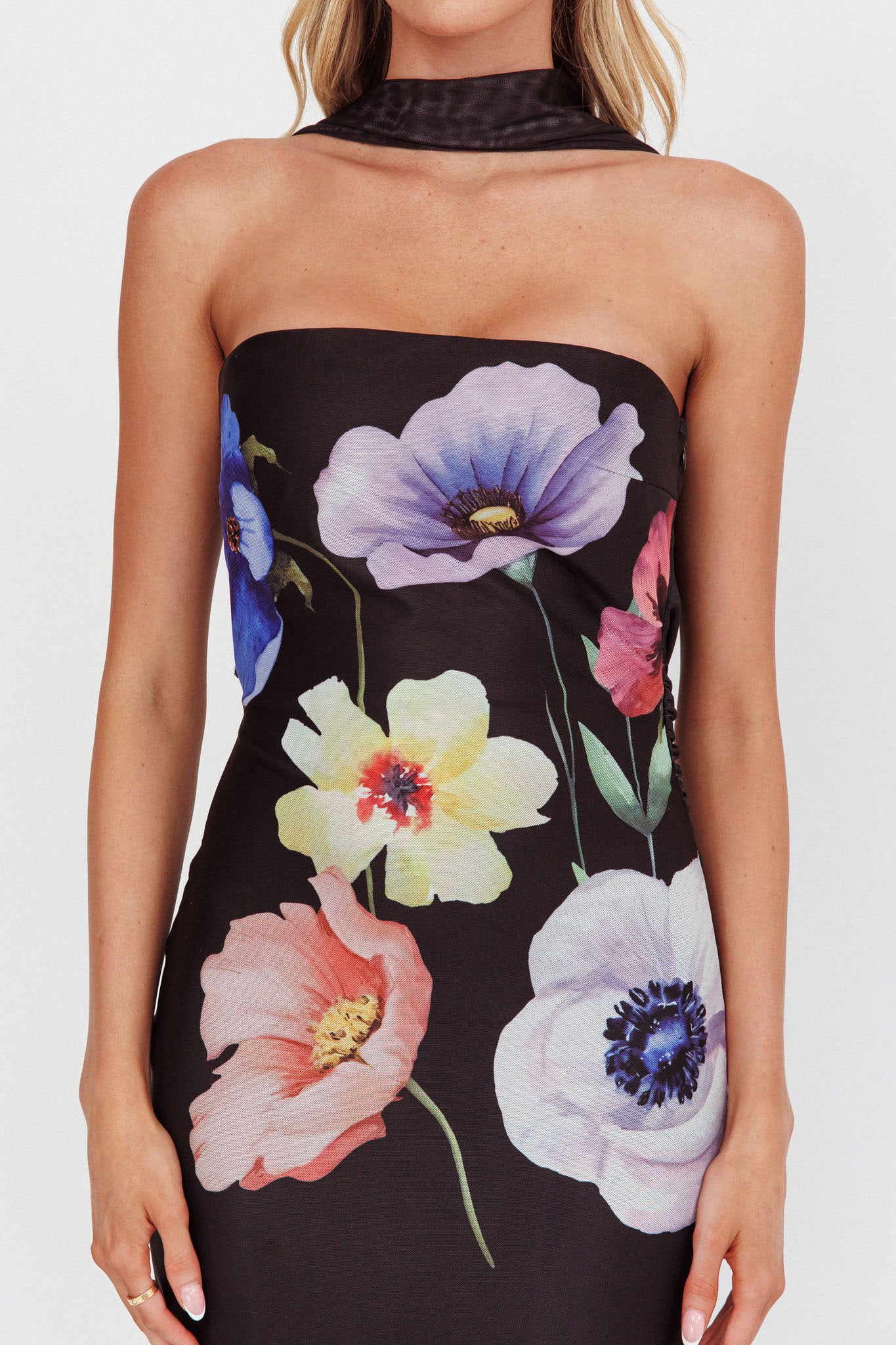 Damsel Reverse Halter Mesh Maxi Dress Flower Black - Image 3