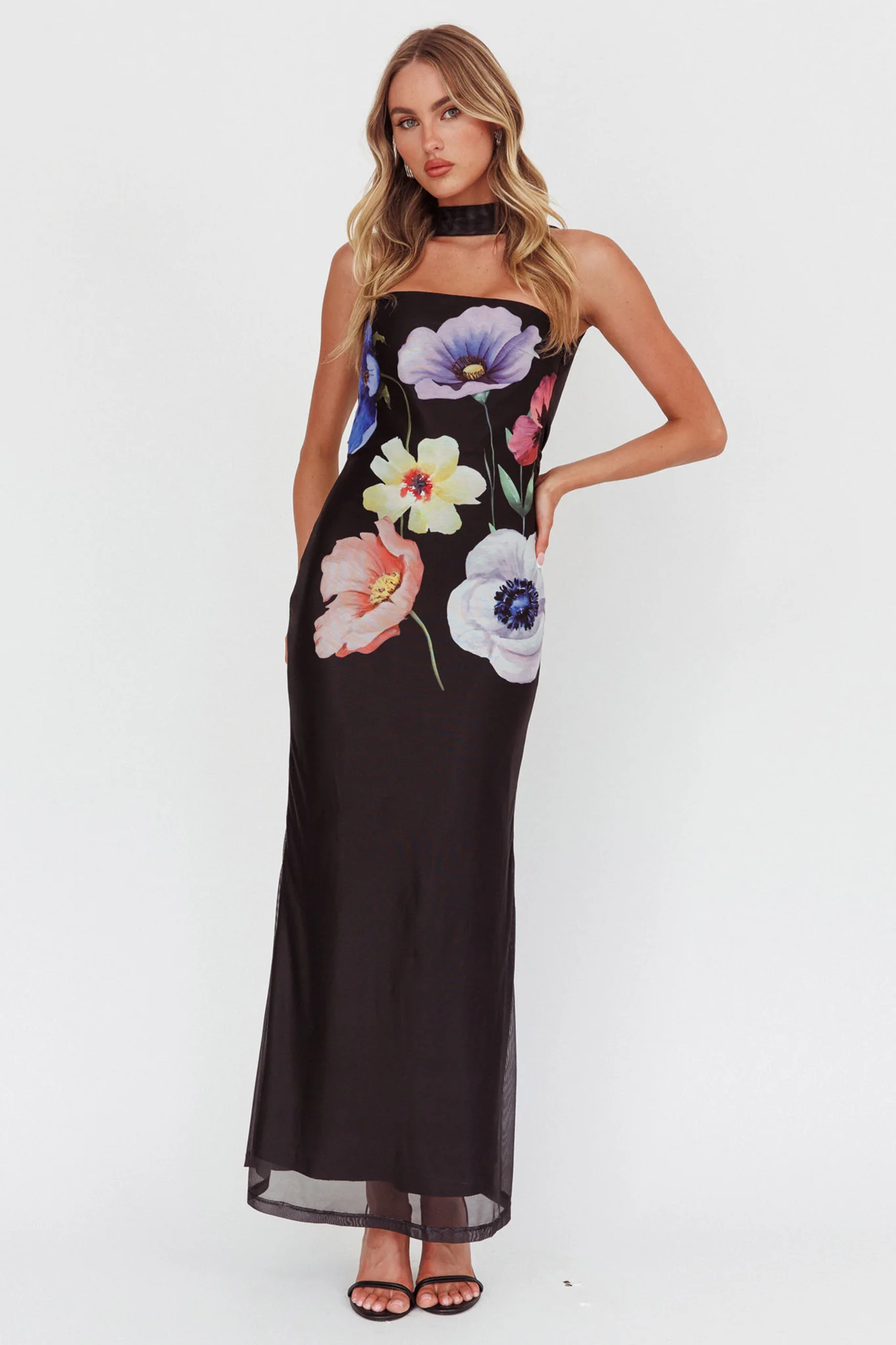 Damsel Reverse Halter Mesh Maxi Dress Flower Black - Image 4
