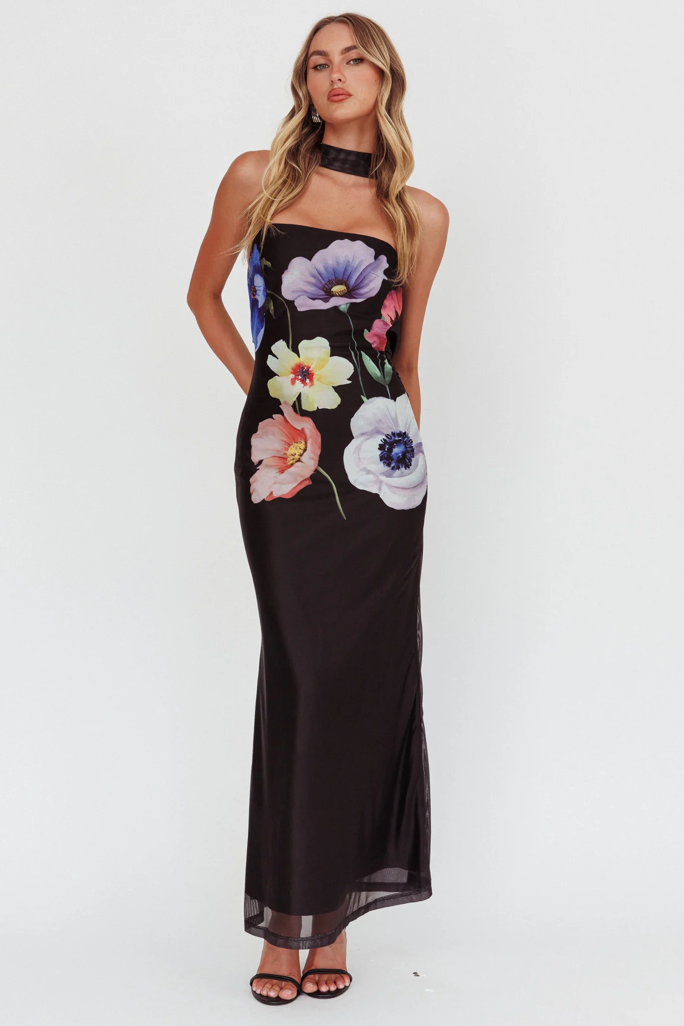 Damsel Reverse Halter Mesh Maxi Dress Flower Black - Image 5