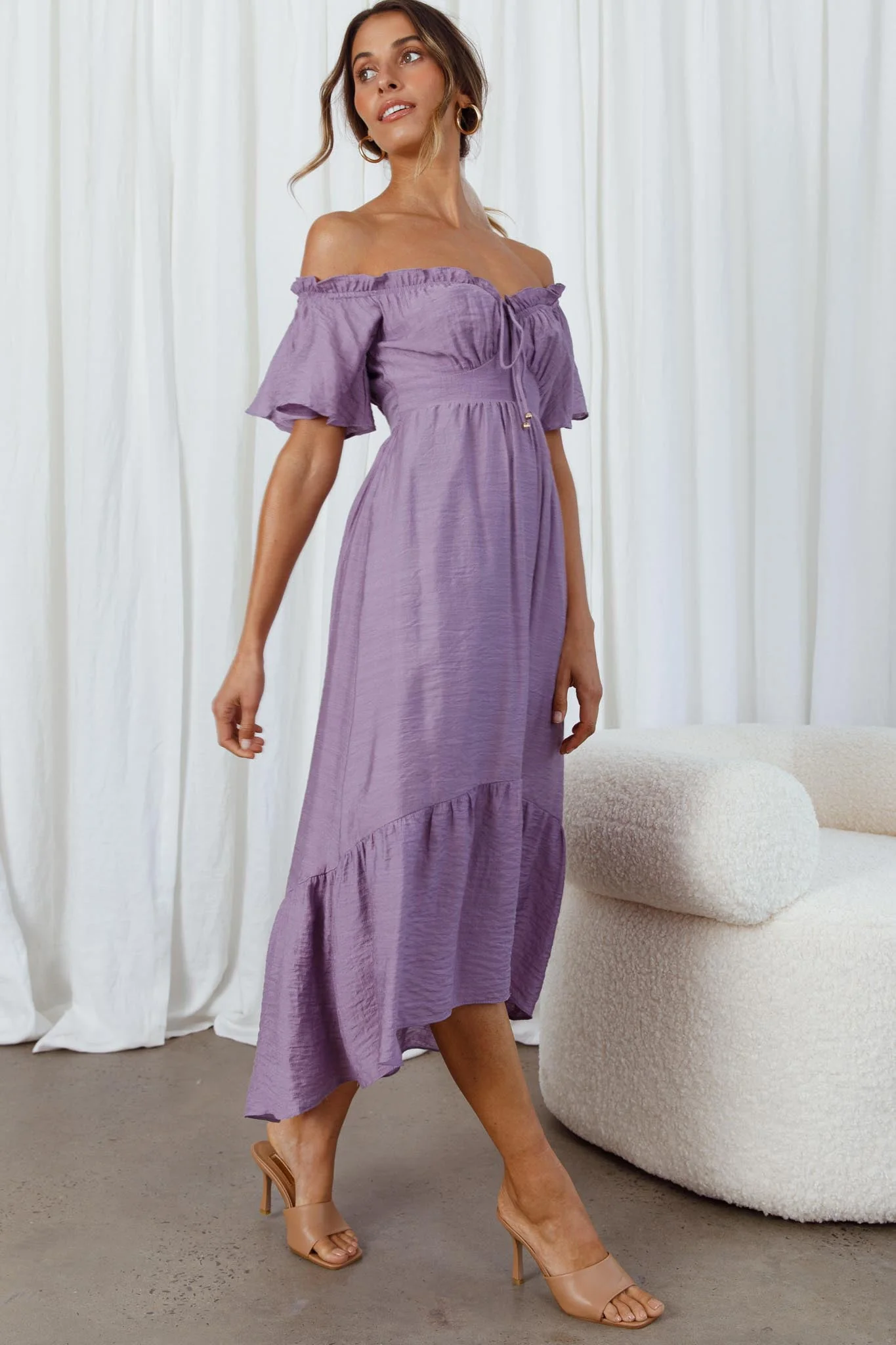 Dandelion Off-Shoulder Tied Back Midi Dress Purple - Image 3