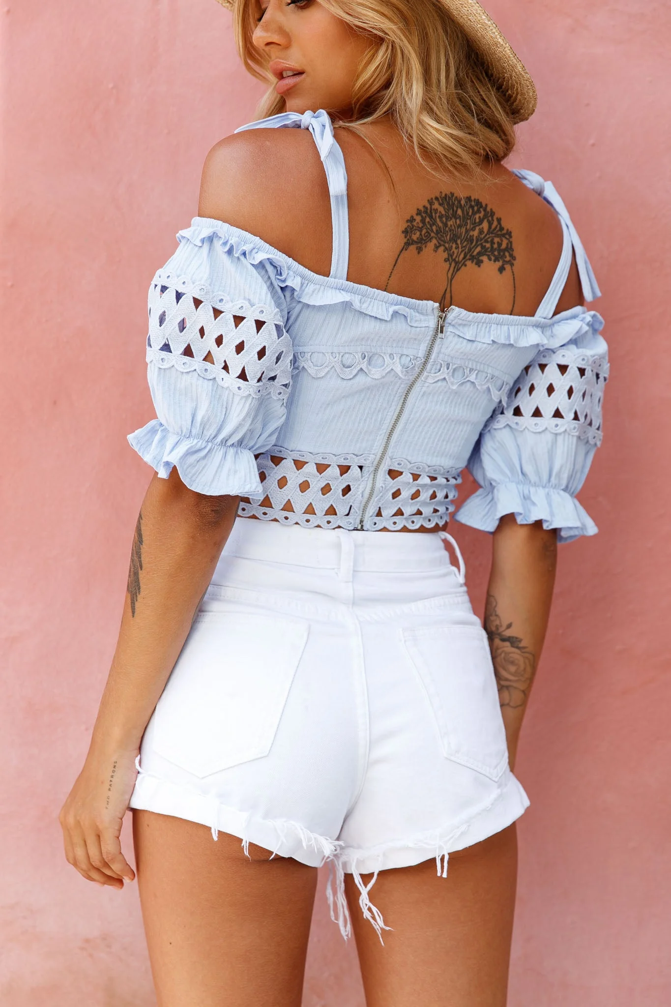 Danella Puff Sleeve Tied Shoulder Crop Top Steel Blue - Image 2