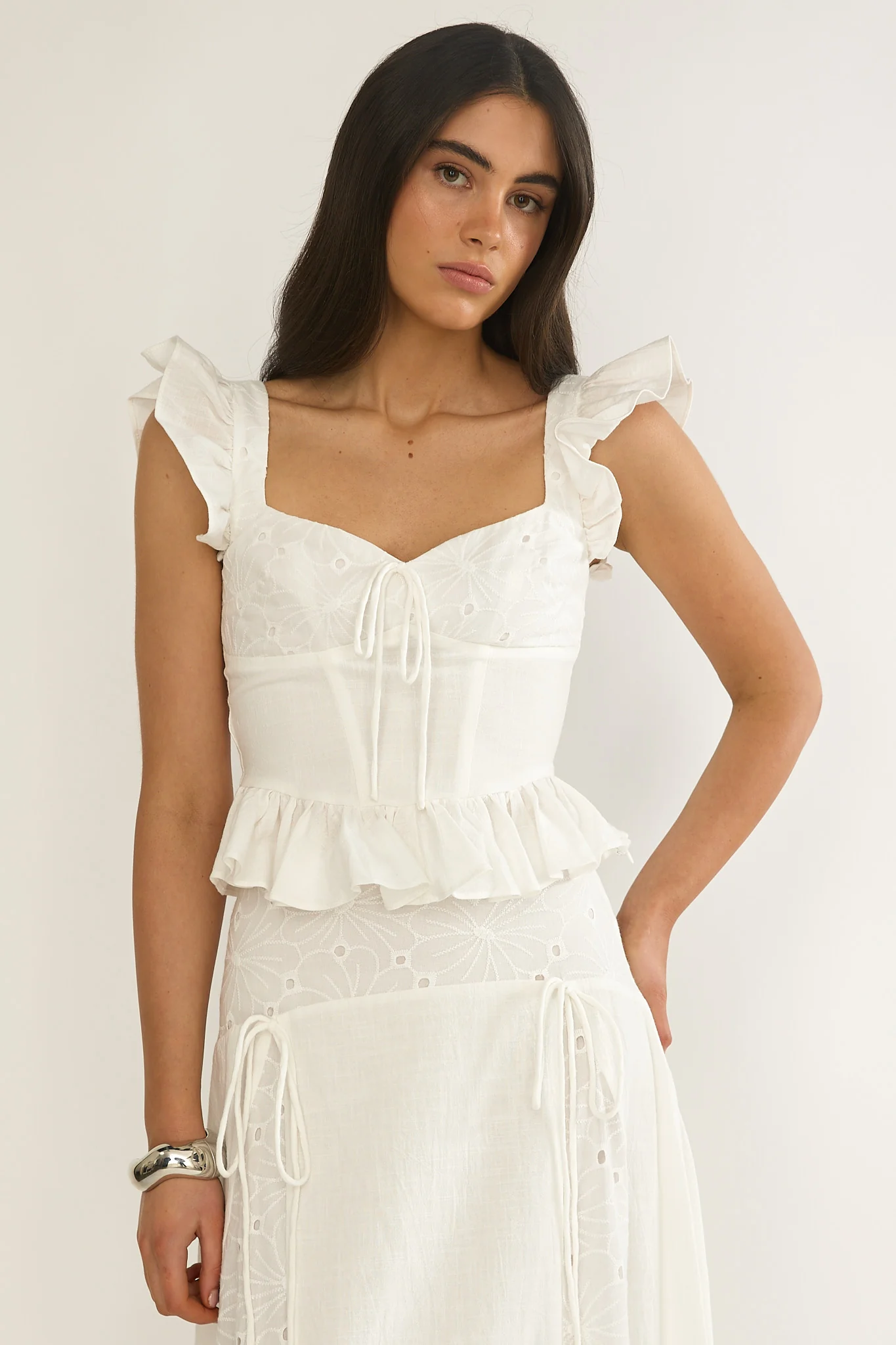 Danette Frill Trim Embroidery Top White - Image 5