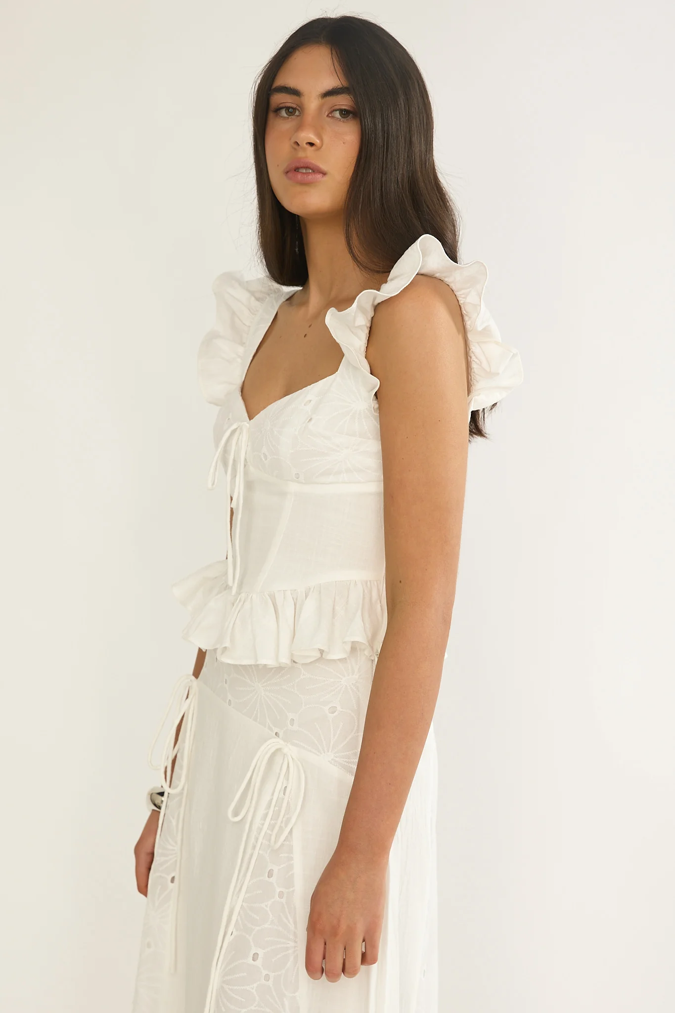 Danette Frill Trim Embroidery Top White - Image 6