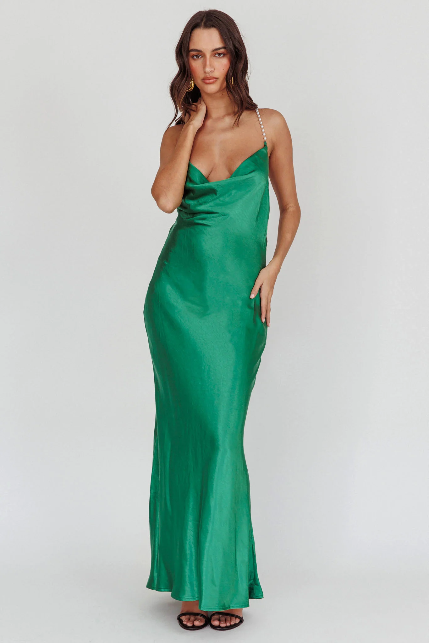 Danijela Cowl Neck Pearl Satin Maxi Dress Emerald - Image 3