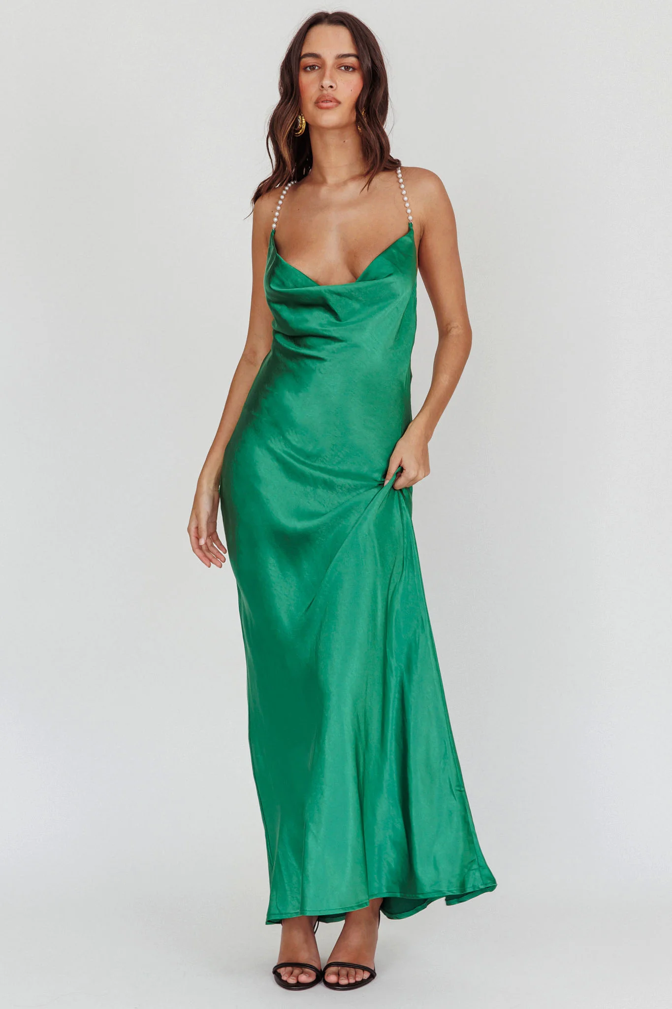 Danijela Cowl Neck Pearl Satin Maxi Dress Emerald - Image 5